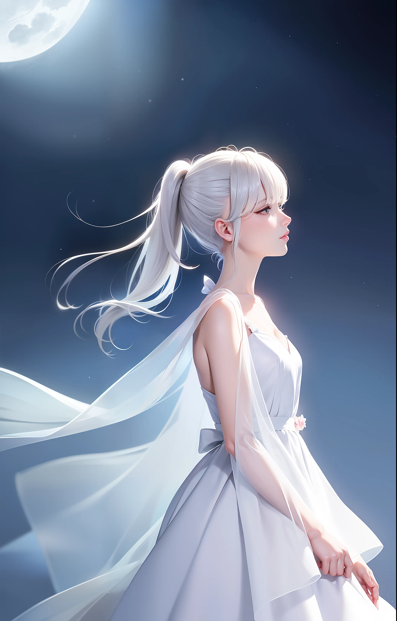 Masterpiece, (Best quality: 1.2), (Super Fine: 1.2), Illustrations, (Extremely delicate and beautiful: 1.2), Cinematic angles, floating, (Beautiful detail eyes: 1.1), (Detail light: 1.1), Cinematic lighting, Delicate sky, Woman, white hair, golden eyes, (High ponytail: 1.1), Cloak, Glowing Eyes, (Moonlight: 1.2), (Moonlight: 1.1), Starry Sky, (Light Particles: 1.1), Fog, Snow Painting, Sketch, Bloom