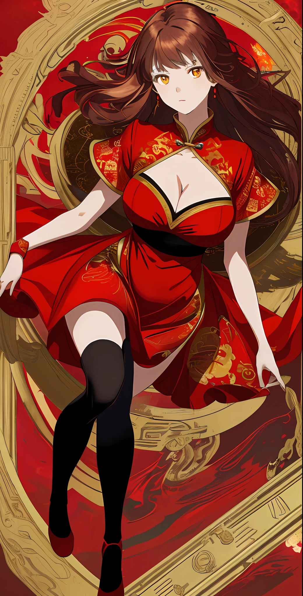 absurd res, high res, (masterpiece:1.4), ultra-detailed, 1girl, from above, space, floating, red Chinese dress, red dress, black stockings, light brown hair, yellow eyes, hands out of frame, big breasts, cleavage, revealing