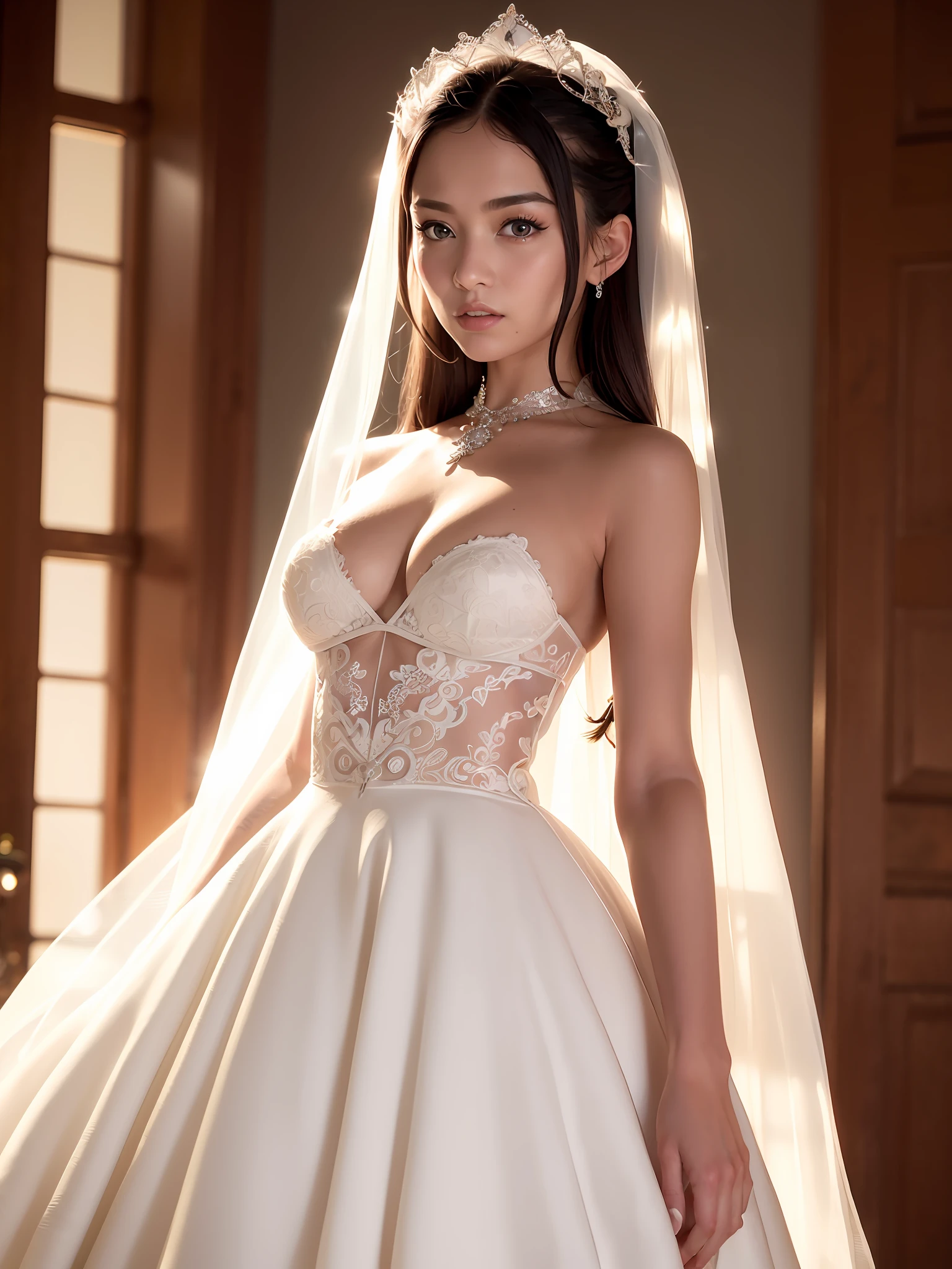 Full body, white hair, ((dragoon: 1.2)), blunt head, masterpiece, best quality, official art, very detailed CG unity 8k wallpaper, 1 girl, super high resolution, (realism: 1.4), primetime lighting, sweater dress, (upper body), (Sagisar: 1), (platinum short hair: 0.8), ((puffy eyes)), looking at the audience, facing forward, smiling, laughing, medium breasts, top, gloves, short hair, (big breasts: 1.2) sexy), Long hair, fashion princess, (very detailed face) (very detailed and expressive eyes), ( small_breasts, delicate small, bare breasts, exhibitionism))), revealing clothes, Bandeau dress: 1.1, highly detailed face and skin texture, delicate eyes, double eyelids, whitened skin, beautiful lace wedding dress long hair, large jewelry sparkling around the neck, (sparkling wedding dress: 1.4), (fox hair wedding dress: 5.2), ponytail, noble wedding dress, delicate wedding dress, tight fit, full body: 1.4, (shiny jewelry), close-fitting wedding dress, beaded, lightweight wedding dress, high profile design, high waist design, court wedding dress, sheer lace design, (domineering: 1.4), embroidered details, lace dress: 1.4, light tulle swing style, stunning wedding dress, sexy wedding dress, delicate transparent veil: 1.4, (starlight high heels beautiful legs: 1.4), standing, half-sided, decadent, doomsday