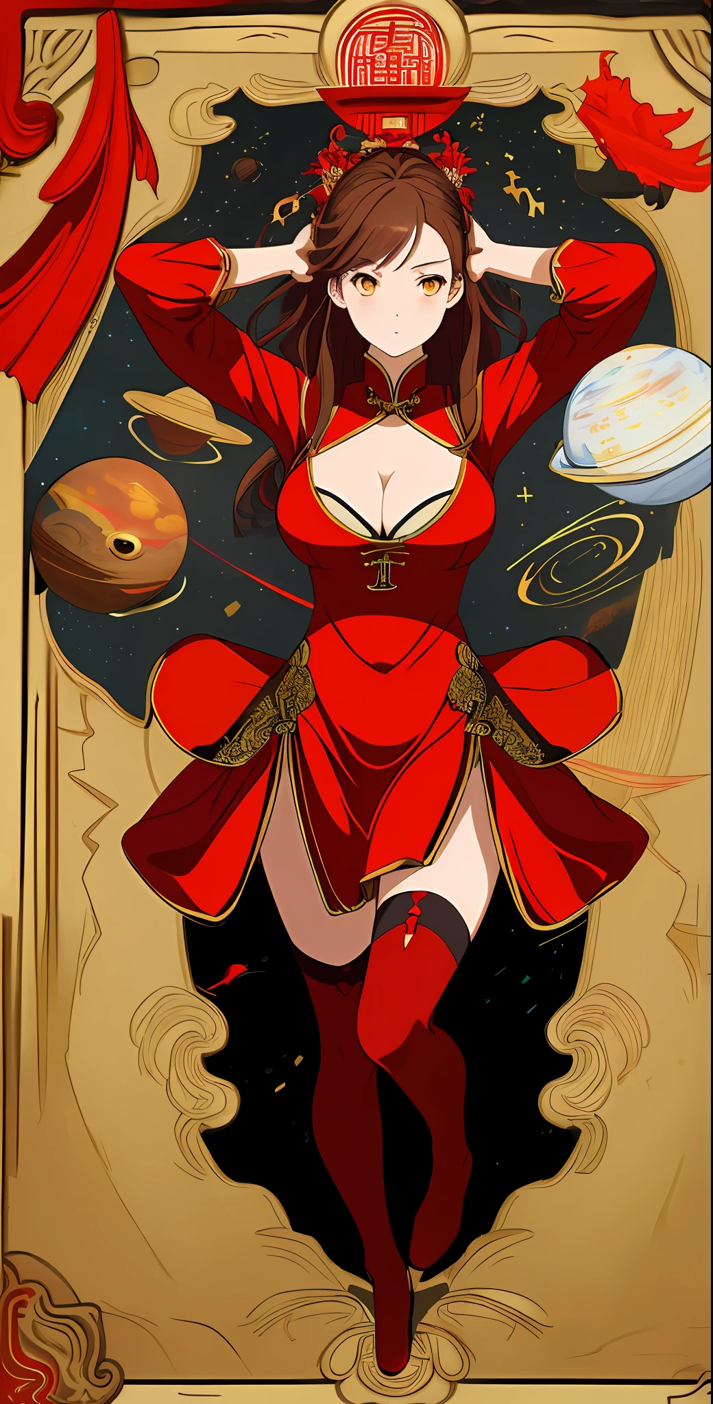 absurd res, high res, (masterpiece:1.4), ultra-detailed, 1girl, from above, space, floating, red Chinese dress, red dress, black stockings, light brown hair, yellow eyes, hands out of frame, big breasts, cleavage, revealing