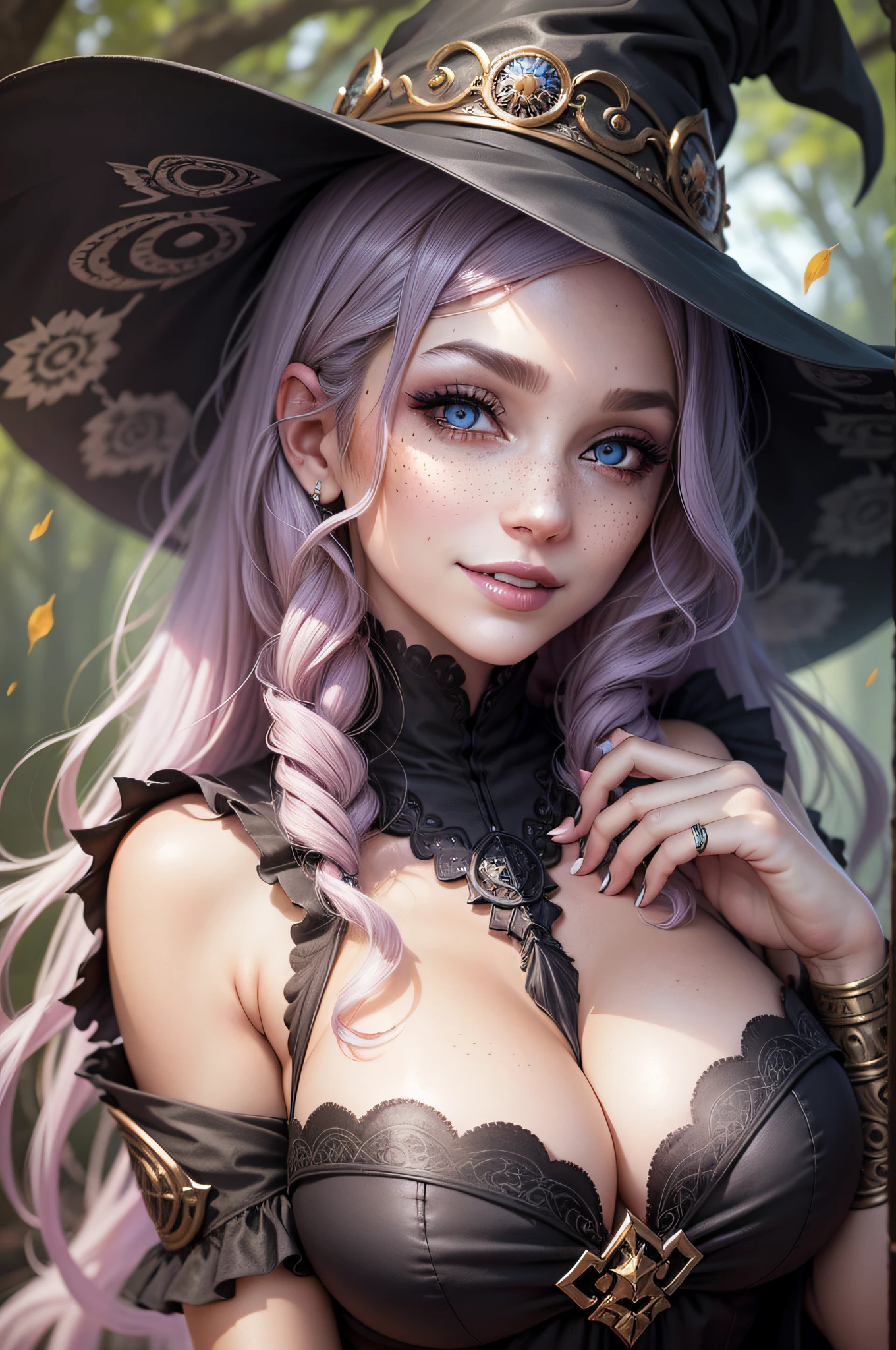 beautiful female face, wearing a witch outfit, gorgeous eyes, intricate, cleavage, soft lips, smiling, naughty, seductive glance, freckles, side boob, under boob