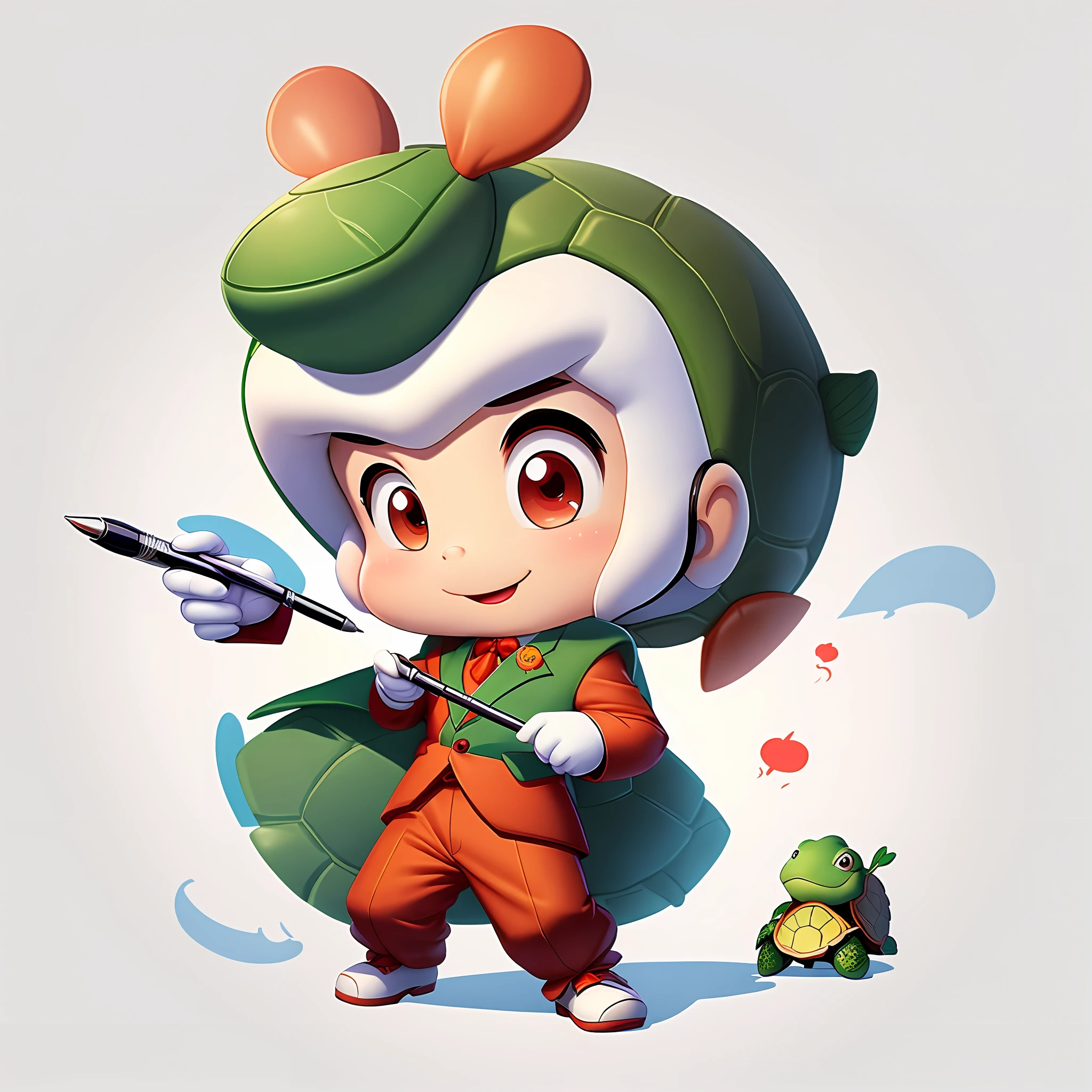 Cartoon character IP, wearing a Chinese suit, holding a pen, a turtle boy, a pure white background