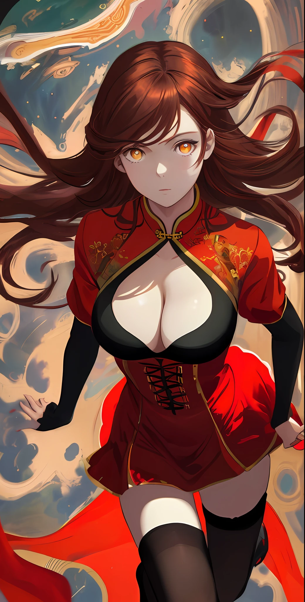 absurd res, high res, (masterpiece:1.4), ultra-detailed, 1girl, from above, space, floating, red Chinese dress, red dress, black stockings, light brown hair, yellow eyes, hands out of frame, big breasts, cleavage, revealing