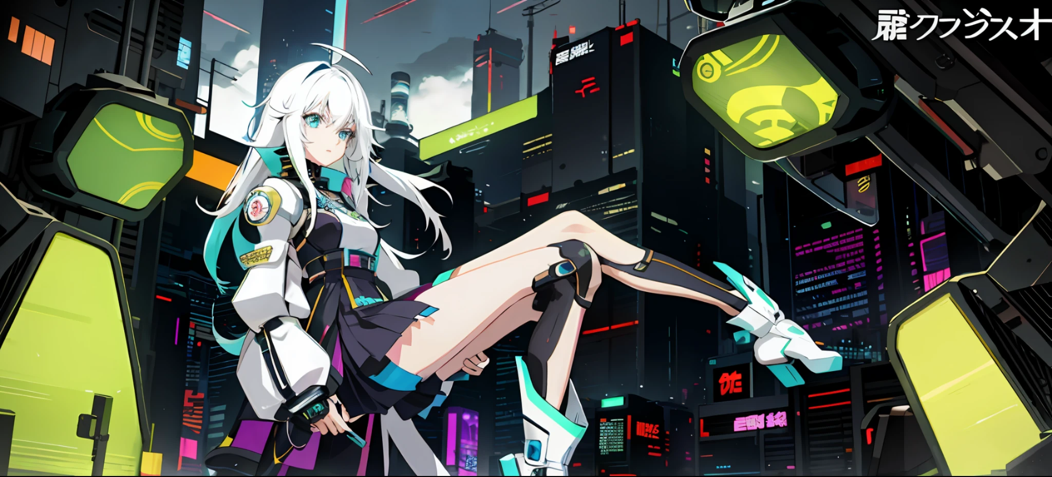 Anime characters in futuristic city with neon lights, digital cyberpunk anime art, digital cyberpunk anime!! Future anime girl with white hair, wearing a cape and hands shrunk in sleeves