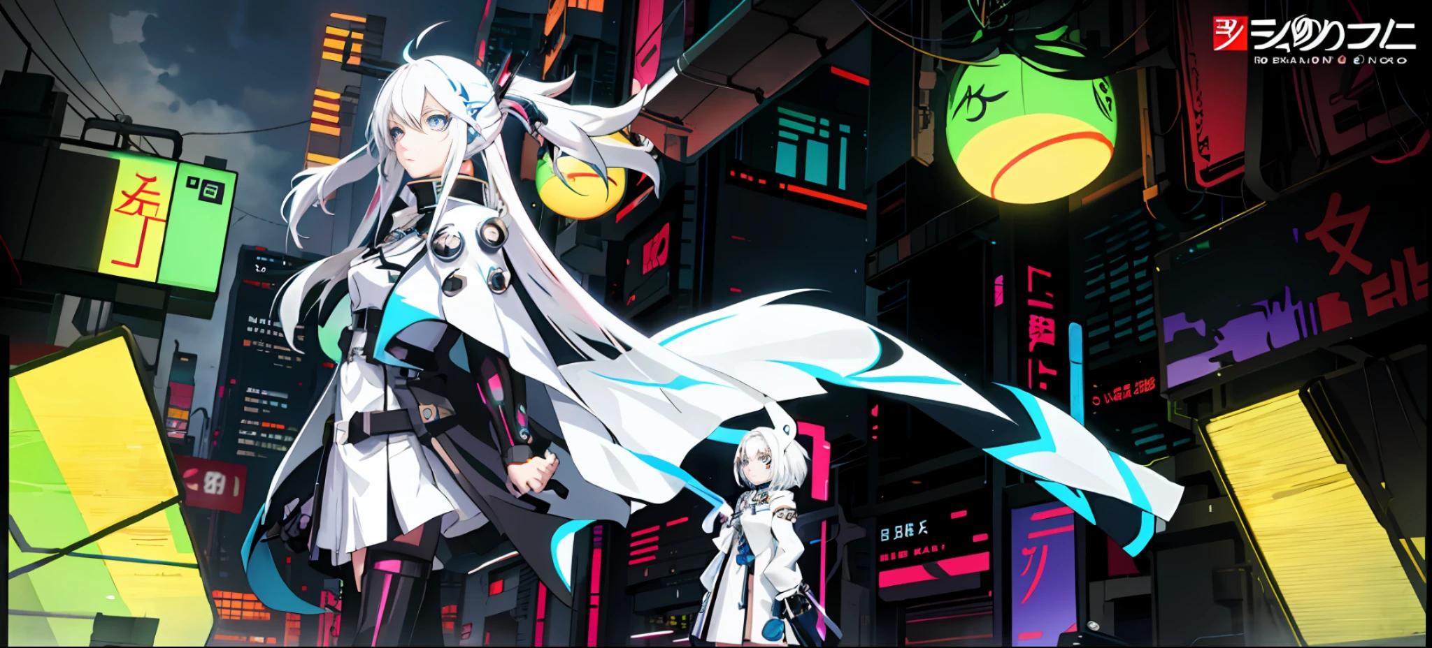 Anime characters in futuristic city with neon lights, digital cyberpunk anime art, digital cyberpunk anime!! Future anime girl with white hair, wearing a cape and hands shrunk in sleeves