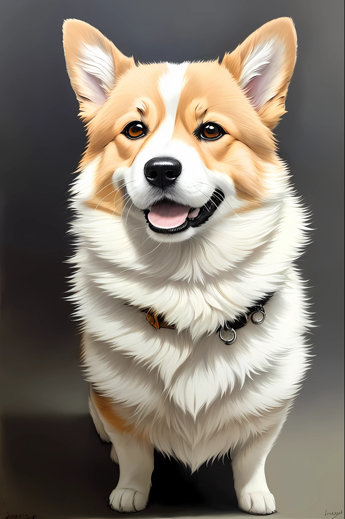 Close up portrait of a happy corgi dog, dark background, anime style, studio ghibli style, highly detailed, professional majestic oil painting by Ed Blinkey, Atey Ghailan, Studio Ghibli, by Jeremy Mann, Greg Manchess, Antonio Moro, Trending on ArtStation, Midjourney and greg rutkowski Trending on CGSociety, Intricate, High Detail, Sharp, Dramatic, Realistic Painting Art