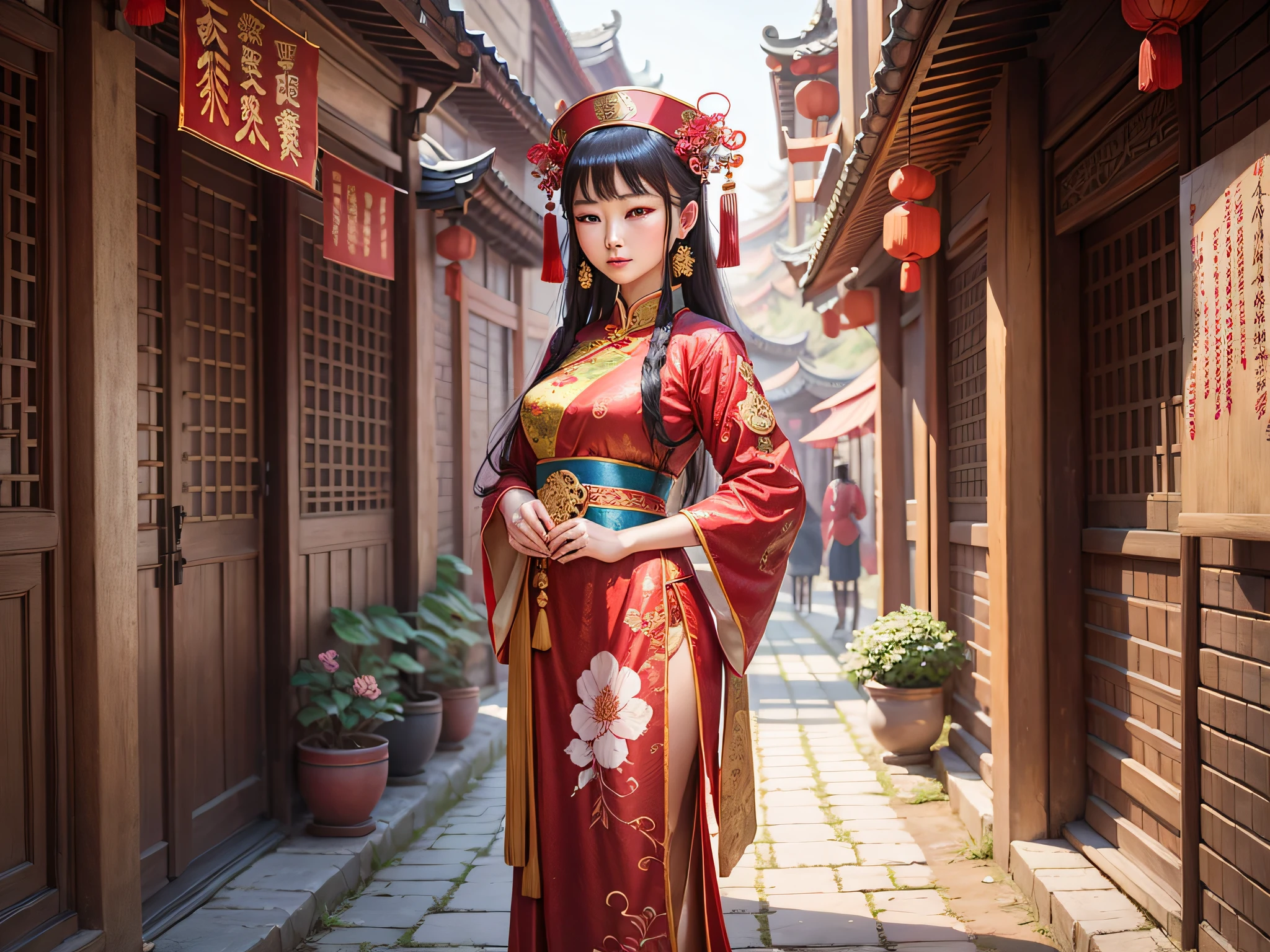 Chinese ancient costume beauty, wearing red Hanfu, standing next to Chinese ancient buildings, --auto --s2