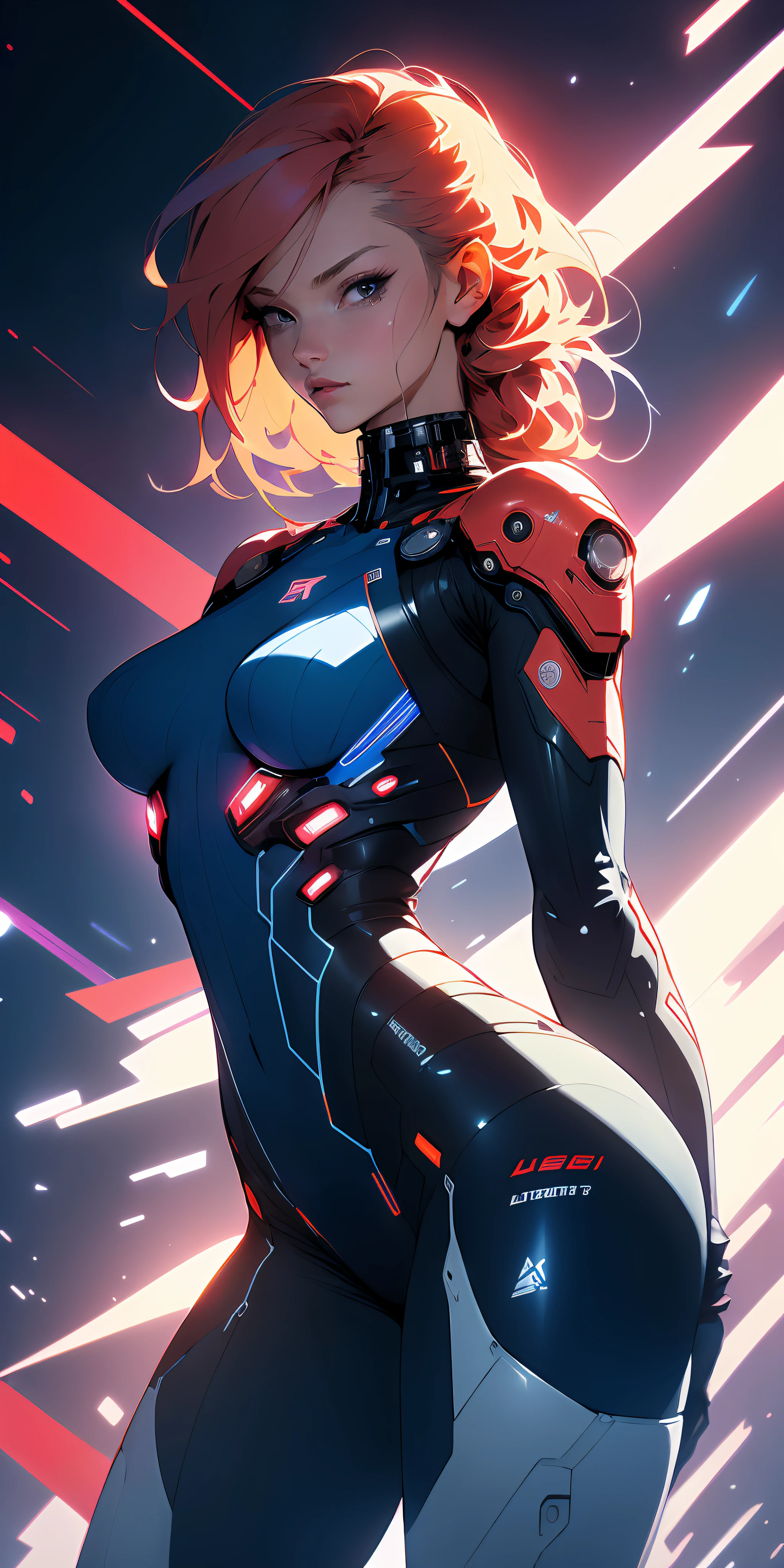((Best quality)), ((masterpiece)), (detailed: 1.4), (Absurd), Caucasian woman fighter pilot ready for war, back, perfect ass, defined muscular sculptural body, half-thick bare thighs, closed mouth, only in panties, muscular body covered in technological clothing, Neon Genesis Evangelion style, cyberpunk, generous neckline, ((perfect large breasts)), (blue eyes without pupils), ((very dark blue clothing,  red and white)), (((short blonde straight hair misaligned like Lucy from cyberpunk: mercenaries)))), (thin white stripes left blue covering her breasts), (red and white stripes on her arms), (((lightning bolt drawings on her arms)), long manga-style eyelashes, short underwear, garter belt, by mucha, niji --V5, close to real, psychopathic, crazy face, sexy pose, background with a giant Gundam-style Robot head,  2 piece clothing, shoulder pads, airplane wings on the back, pastel, centered, scale to fit dimensions, HDR (High Dynamic Range),Ray Tracing,NVIDIA RTX,Super-Resolution,Unreal 5,Subsurface dispersion, PBR texture, Post-processing, Anisotropic filtering, Depth of field, Maximum clarity and sharpness, Multilayer textures, Albedo and specular maps, Surface shading, Accurate simulation of light-material interaction, Perfect proportions,  Octane Render, Two-tone lighting, Wide aperture, Low ISO, White balance, Rule of thirds, 8K RAW, crysisnanosuit