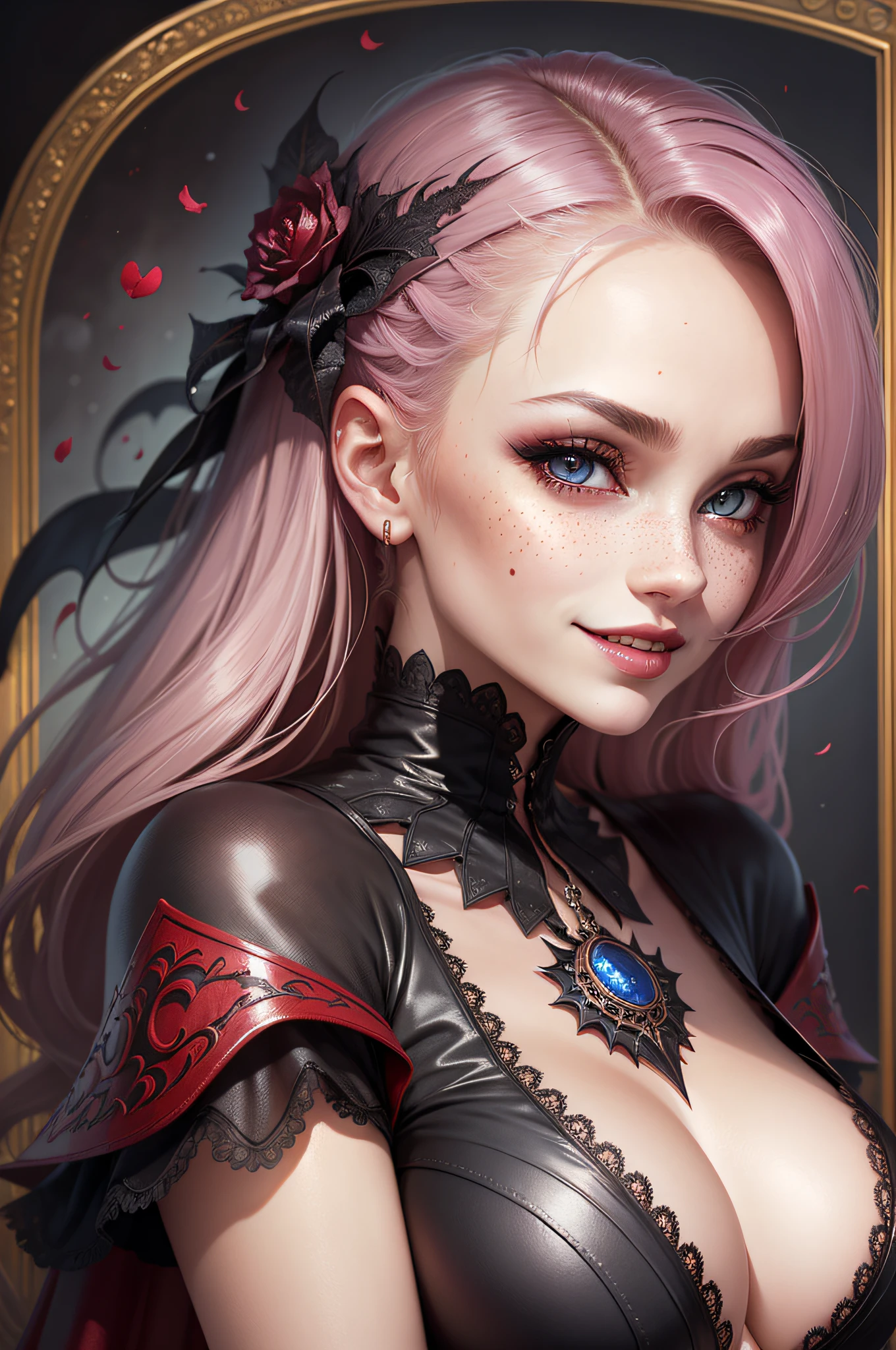 beautiful female face, wearing a vampire outfit, gorgeous eyes, intricate, cleavage, soft lips, smiling, naughty, seductive glance, freckles, side boob, under boob