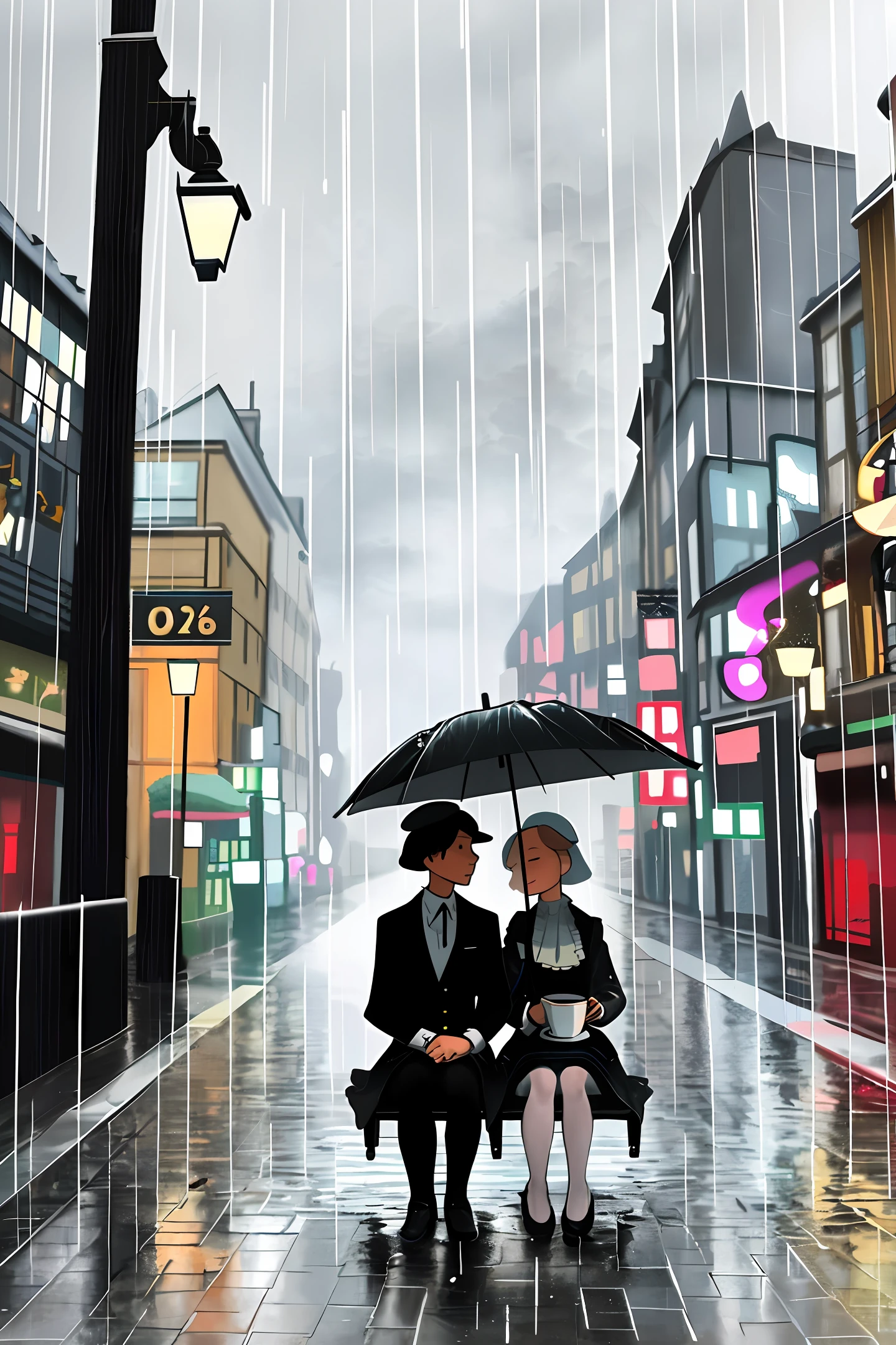 painting of two dogs sitting under an umbrella in a puddle, a pastel by Eduard von Grützner, shutterstock, romanticism, on a rainy day, in a rainy environment, puppies, hans dahl, umbrellas, in the rain, under rain, john banovich, covered in, in a thunderstorm, rainy scene, siblings, a head-on, raining