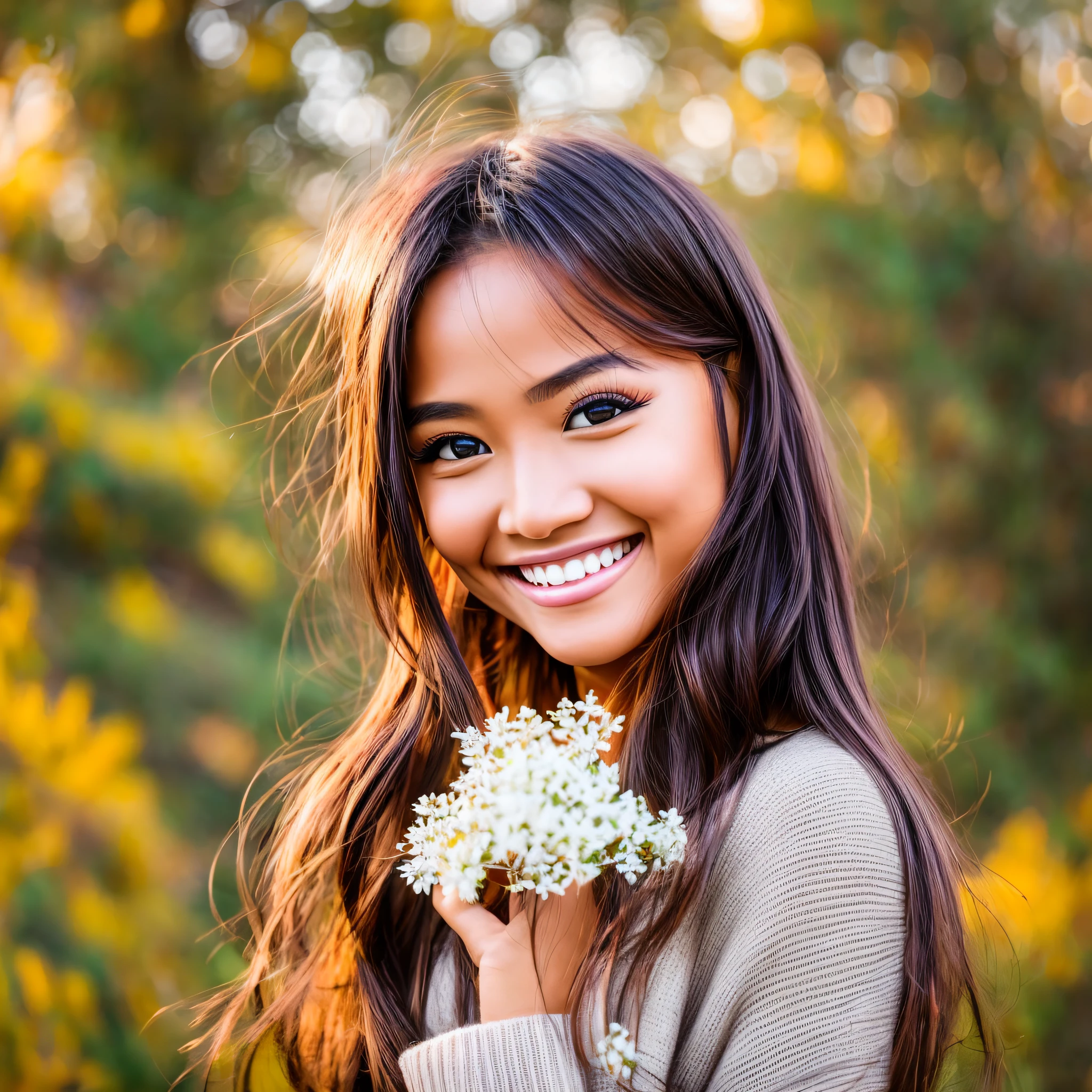 A beautiful woman with a captivating smile stands before a scenic backdrop, her face aglow with happiness. Her eyes sparkle with joy, mirroring the soft light that illuminates her graceful features. Her genuine smile exudes confidence and warmth, captivating everyone who crosses her path. --auto --s2
