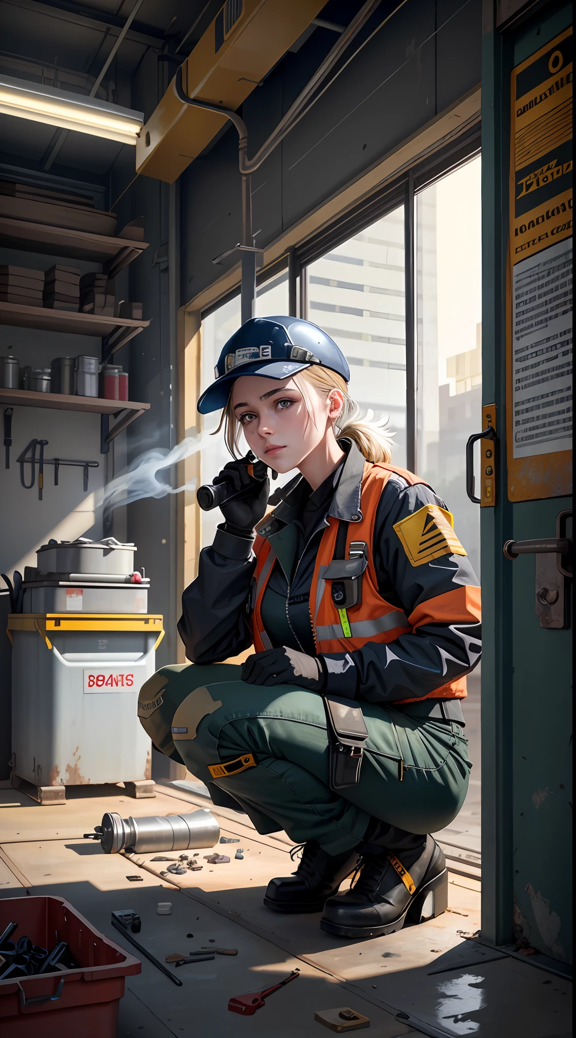 masterpiece, best quality, ultra-detailed, illustration, 1girl, solo, shiny, reflective, latex, work suit, voluptuous, body, squatting, detailed, work shoes, messy, workshop, industrial, high heels, black, red, silver, metallic, gloves, goggles, protective, equipment, machinery, tools, sparks, dirt, grime, oil, stains, sweat, exhaust, pipes, gauges, dials, buttons, levers, cables, wires, hydraulic, systems, hydraulic press, crane, pulley, welding, torch, grinder, drill, saw, hammer, screwdriver, wrench, pliers, spanner, toolbox, fire extinguisher, first aid kit, ventilation, ducts, light fixtures, emergency exit, warning signs, caution tape, posters, calendar, coffee mug, dirty, workbench, storage, shelves, bins, lockers, hard hat, safety vest, ear muffs, face shield, respirator, smoke, fumes, debris, concrete floor, concrete walls, metal beams, rivets, bolts, screws, nuts, washers, chains, ropes, hooks, clamps, magnets, bearings, lubricants, fluids, solvents, adhesives, lubrication, maintenance, repair, overhaul, upgrade, installation, assembly, fabrication, customization, prototype, research, development, testing, quality control, inspection, certification, compliance, regulation, standard, efficiency, productivity, innovation, excellence, satisfaction, teamwork, dedication, professionalism, empowerment, diversity, equality, respect, safety culture, industrial fashion, sci-fi, cyberpunk, dystopian