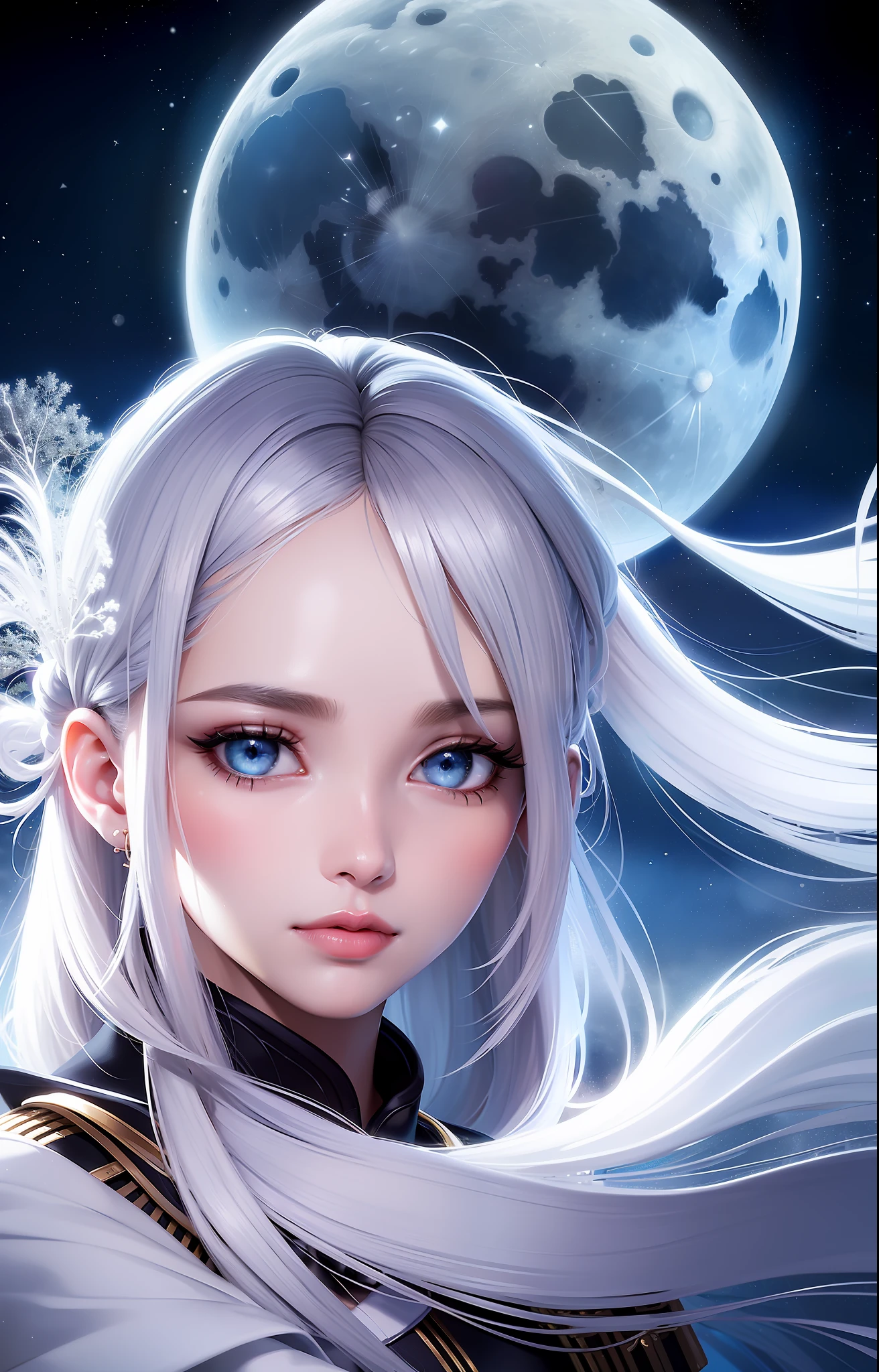 Masterpiece, (best quality: 1.2), (super fine: 1.2), illustration, (extremely refined and beautiful: 1.2), cinematic angle, floating, (beautiful detail eyes: 1.1), (detail light: 1.1), cinematic lighting, delicate sky, woman, white hair, golden eyes, (high ponytail: 1.1), cape, glowing eyes, (moon: 1.2), (moonlight: 1.1), starry sky, (light particles: 1.1), fog, snow painting, sketch, bloom, close-up, large aperture,
