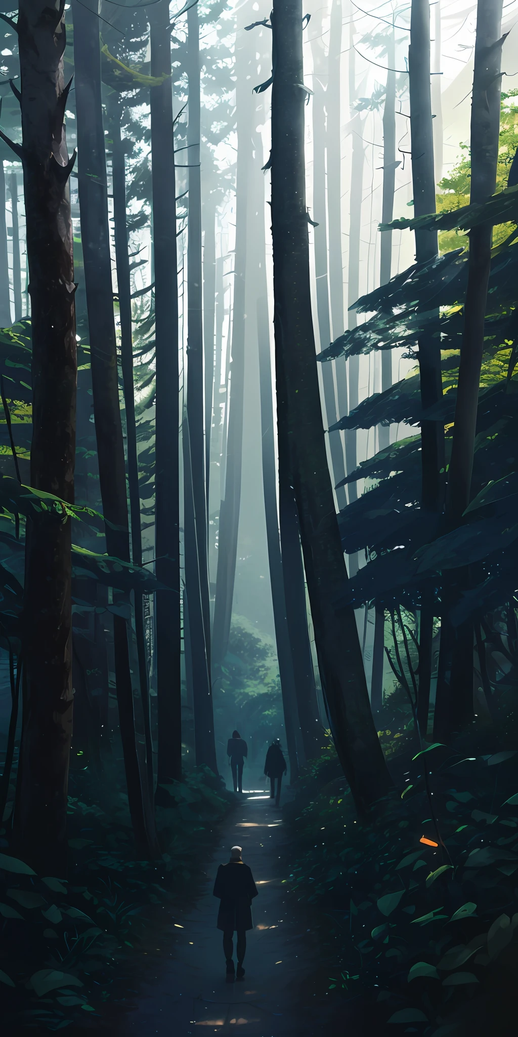 there is a person walking down a path in the woods, james gurney and andreas rocha, anime lush john 8k woods, overgrowth. by makoto shinkai, walking through the forest, cinematic matte illustration, bastien grivet, inspired by Martin Deschambault, walking through a lush forest, ross tran. scenic background