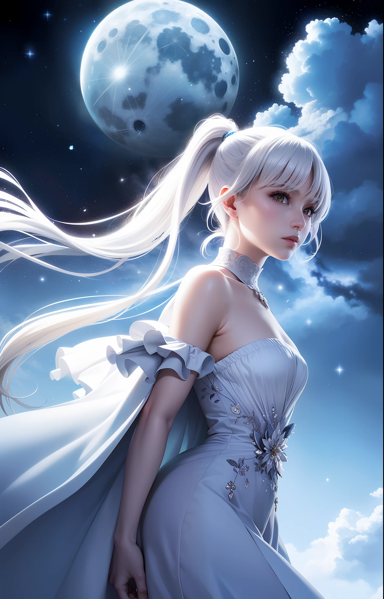 Masterpiece, (best quality: 1.2), (super fine: 1.2), illustration, (extremely refined and beautiful: 1.2), cinematic angle, floating, (beautiful detail eyes: 1.1), (detail light: 1.1), cinematic lighting, delicate sky, woman, white hair, golden eyes, (high ponytail: 1.1), cape, glowing eyes, (moon: 1.2), (moonlight: 1.1), starry sky, (light particles: 1.1), fog, snow painting, sketch, bloom, close-up, large aperture,