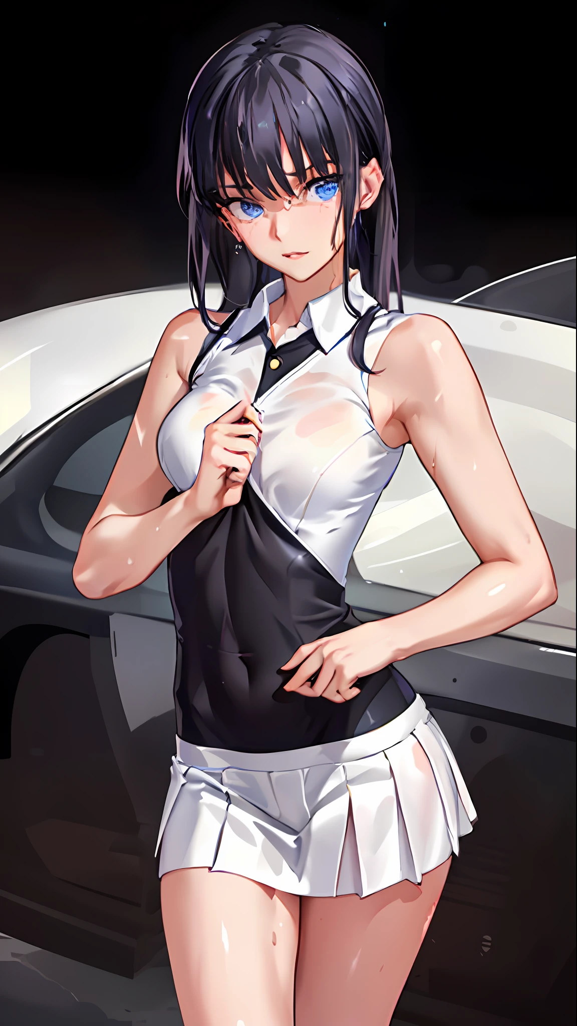 absurd, masterpiece, best quality, realistic, hyper-detailed, (shiny skin, sweaty:1.4), looking at viewer, slender, 1girl, solo, tennis wear, white polo shirt, white sneakers, white miniskirt, small breasts, (thick thighs:0.4), dynamic lighting, high resolution, sharp focus, depth of field, ponytail, black hair, blue eyes
