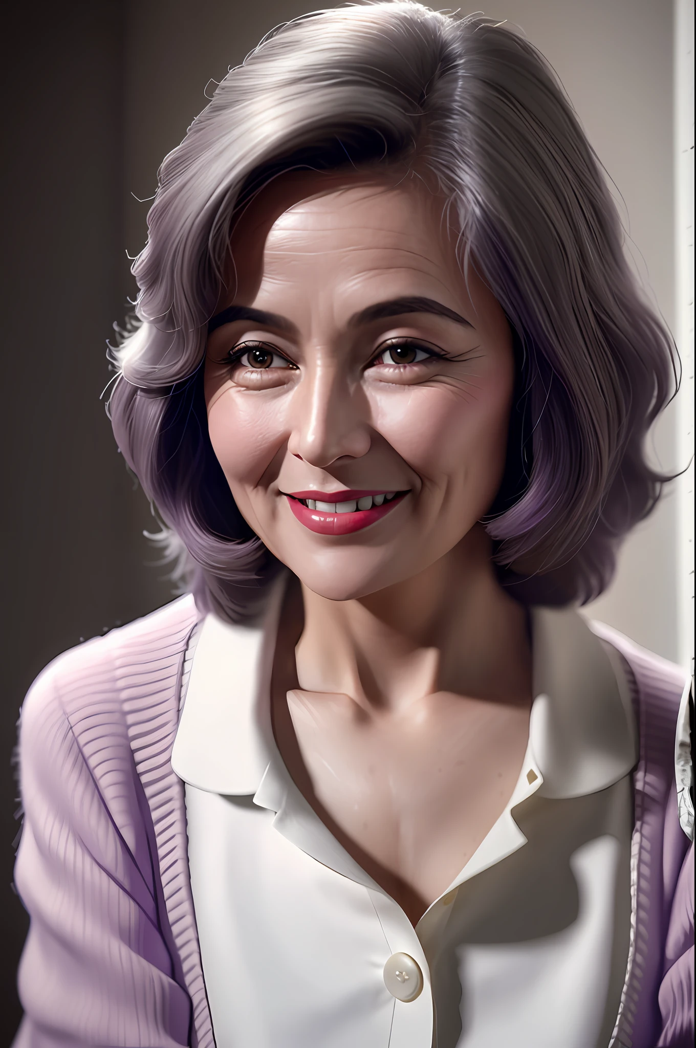 beautiful woman standing, mature, graying hair, short purple skirt, white blouse without buttons, chest exposure, contrast, texture, realism, high quality, film grain, FUJIFILM XT3, crazy detail, intricate detail, hyper detail, soft cinematic light, adobe light, photolab, complex, very detailed, muted color, crazy detail, intricate detail, hyper detail, soft cinematic light, adobe light, photolab, complex, very detailed, Mute color, masterpiece, ((close-up portrait of a smiling mature woman) , deep wrinkles at the corners of the mouth), (backlight), (complex, octane rendering, very detailed, 8K, HDR, UHD, High Quality, Professional, Trending in Unreal Engine, ArtStation), Lens Flare, Shading, Laughter