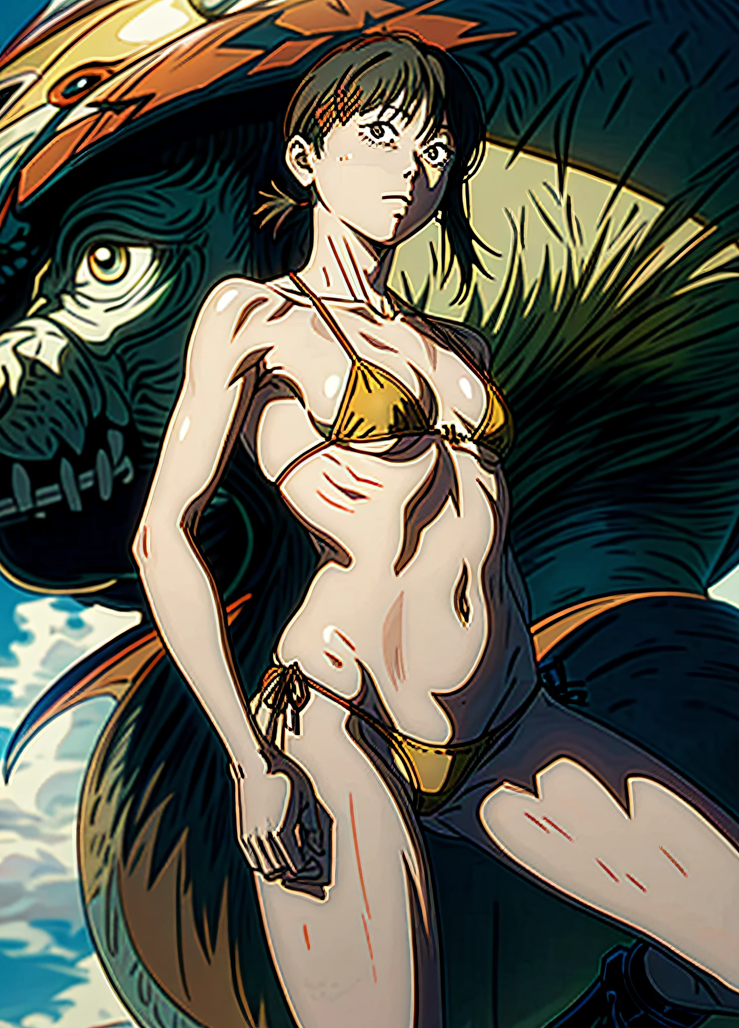beautiful, masterpiece, kobeni \(chainsaw man\),傑作spread legs,middle boobs,magnificent detail, high sharpness, short hair, bob hair , petite, frowned, anime, illustration, micro bikini, background sea