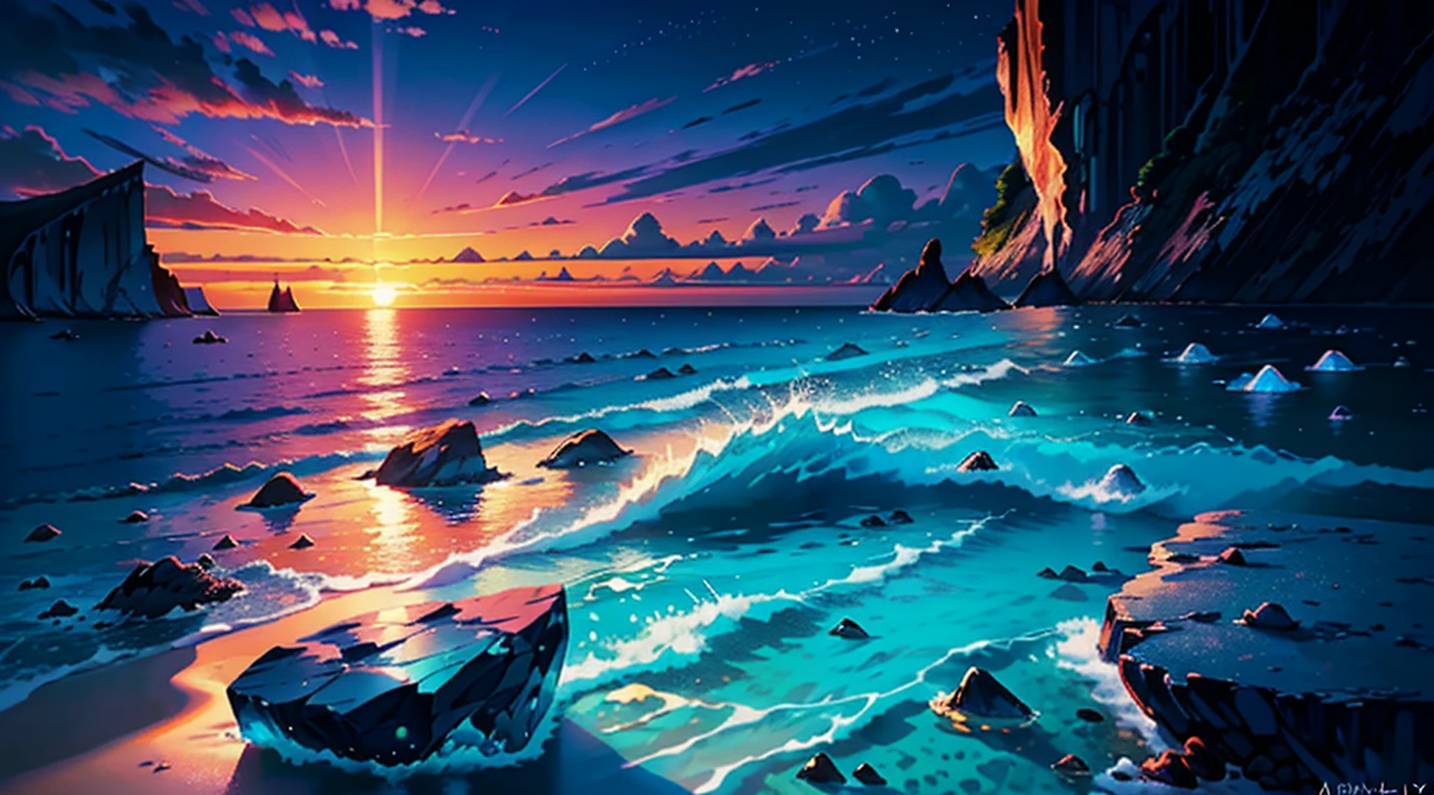 (a magnificent and stunning) blue sea, shimmering stones, (crystal clear water:1.2), (sparkling stones:1.3), (waves gently lapping against the shore:1.2), (beautiful and calm horizon):1.2, (serene and tranquil atmosphere), breathtaking view, (sunset:1.3), (blurred background:0.9), vibrant colors, (surreal and dreamlike:1.1).