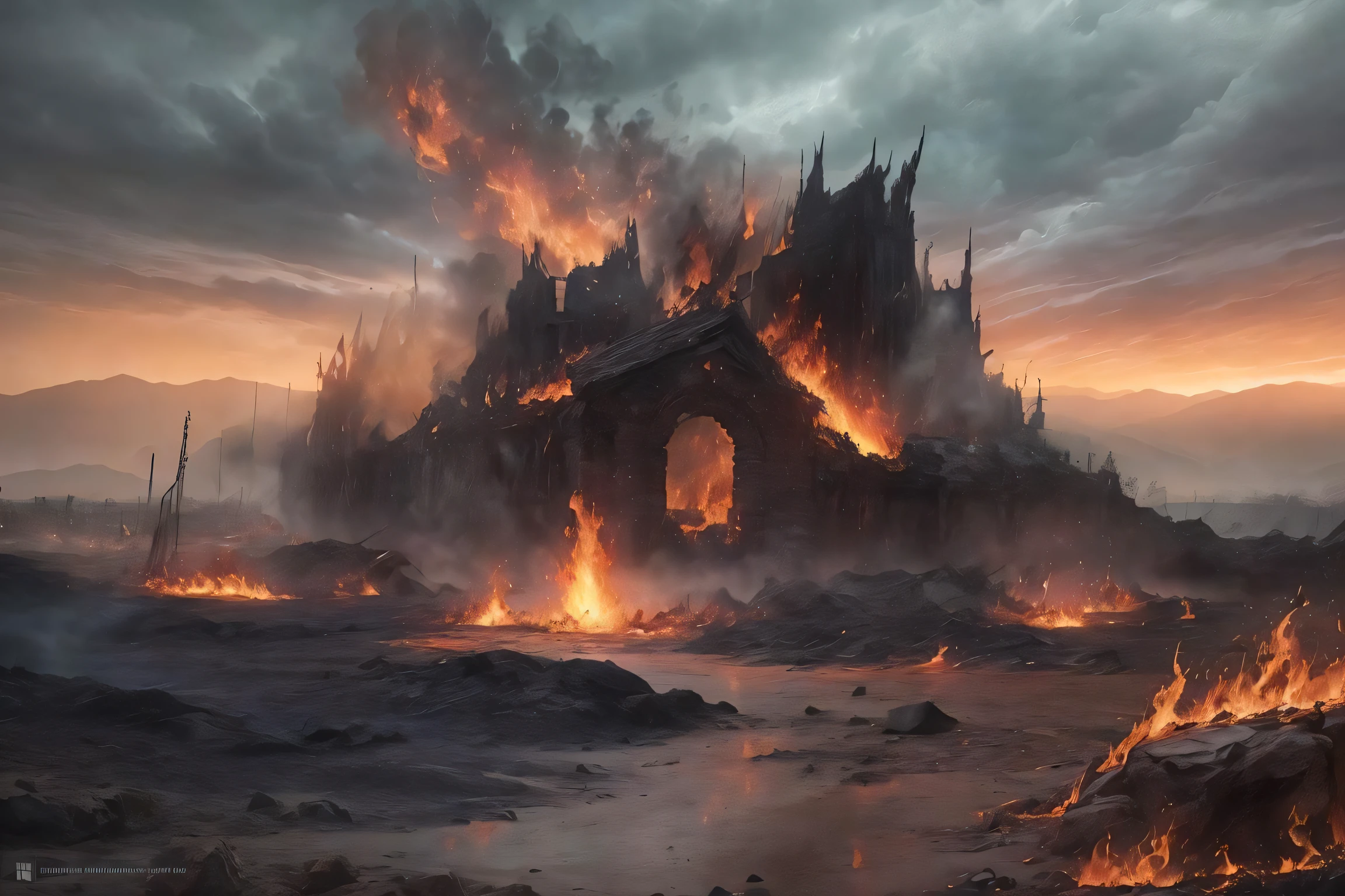 ((best quality)), ((masterpiece)), flames of creation, origin of all, with crimson fingers you grasp and engulf all that comes in your path, scorching the earth and heavens in firestorm, bright flame dancing in darkness, infernall blaze reducing all to ashes,  more than anything, powerfull, more than anything, ruthless, burning brightly, blazing fiercly, may your raging flames weave a snare, and shackle my enemy in ferocious hellfire, prison of flame, masterpiece quality, insane detail, absurdres, hyper photorealistic, UHD, UHD, ultra high resolution, (photorealistic:1.4), official art, (8k, RAW photo:1.2), ((((scenery)))), ((battlefield))