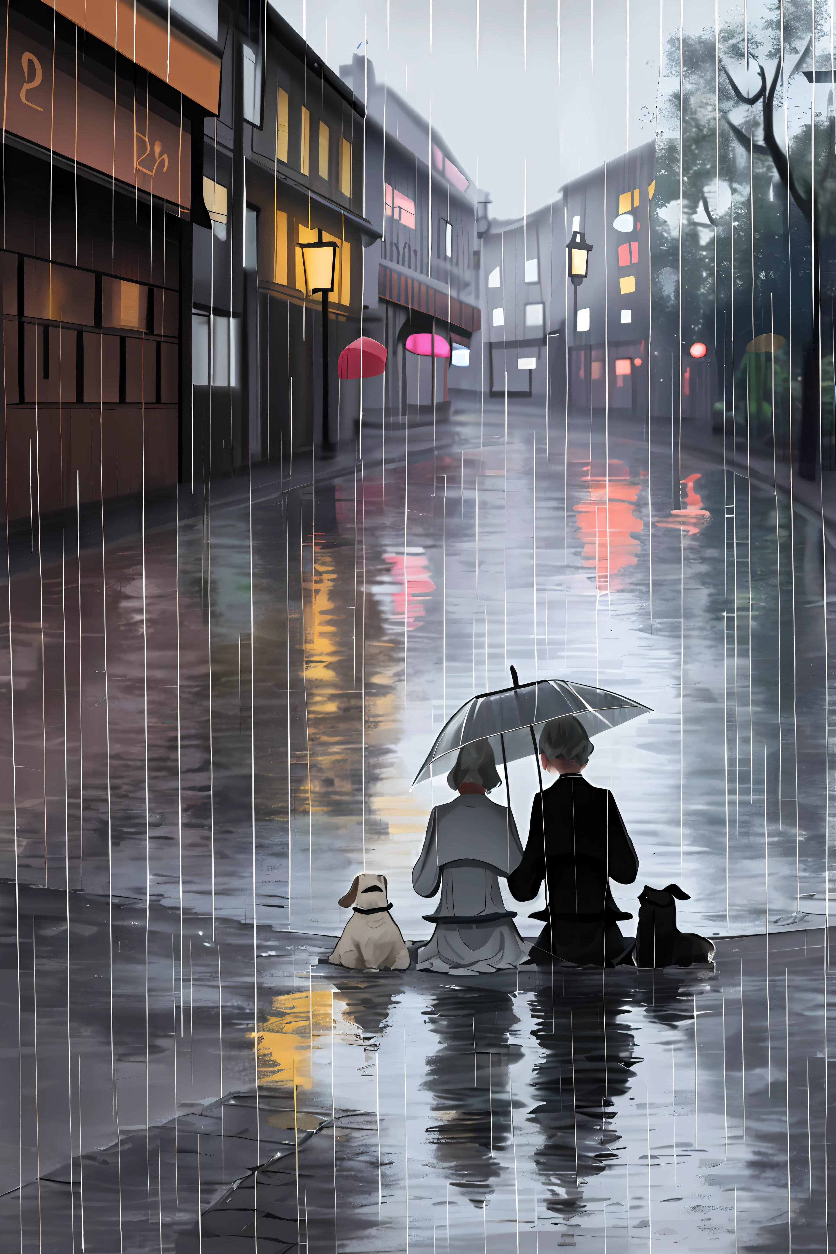 painting of two dogs sitting under an umbrella in a puddle, a pastel by Eduard von Grützner, shutterstock, romanticism, on a rainy day, in a rainy environment, puppies, hans dahl, umbrellas, in the rain, under rain, john banovich, covered in, in a thunderstorm, rainy scene, siblings, a head-on, raining