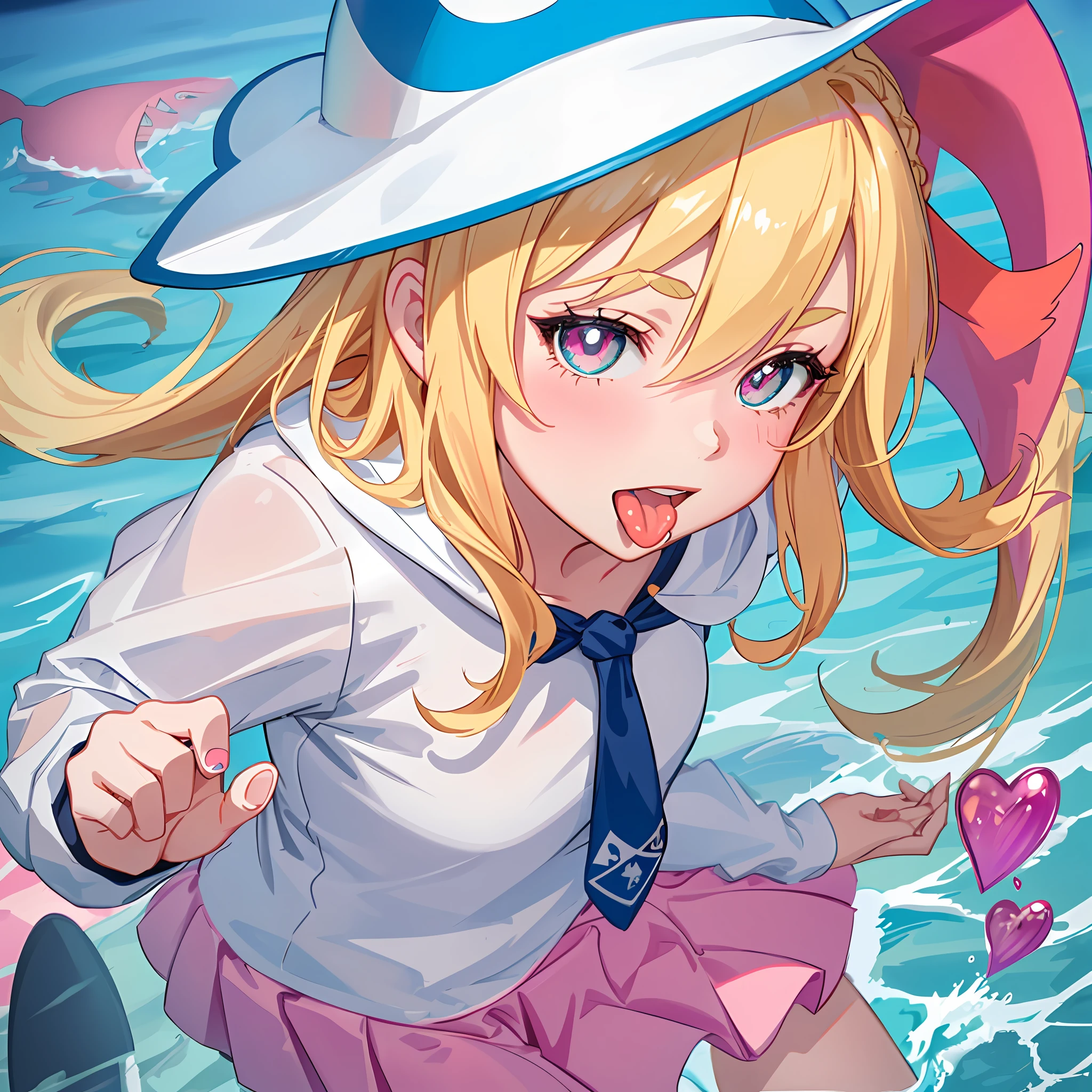 Rain poncho, shark hat, rabbit ears, hat and shark fusion, looking down from above, looking at the camera, opening mouth, saliva, throat, tongue out, uvula, invitation, lip invitation, (pupil is heart shaped), face focus, underwater, colorful fish school, colorful coral reef, school swimsuit, active pose, pigtails, small, city pop color, female grat, thick eyebrows, thin waist, Beautiful blonde, braid, (masterpiece), ((highest quality)), (super detailed), girl, clean and detailed face, five fingers, textile shading, perfect anatomy,