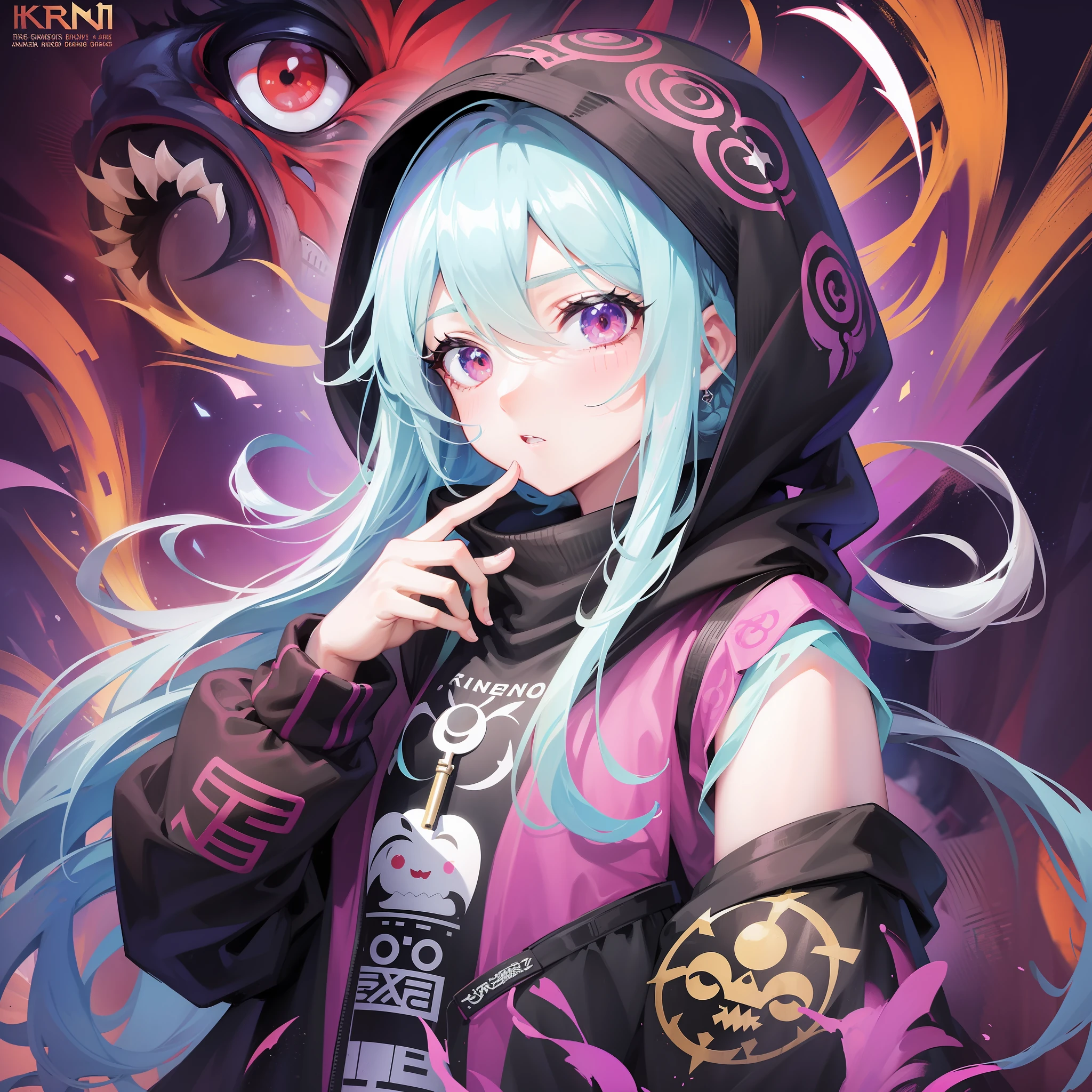 Girl in hoodie, index finger to mouth, facing camera, upper body, Chinese dragon sticker, key anime art, Danganronpa digital art, anime art wallpaper 8K, anime style 4K, badass anime 8K