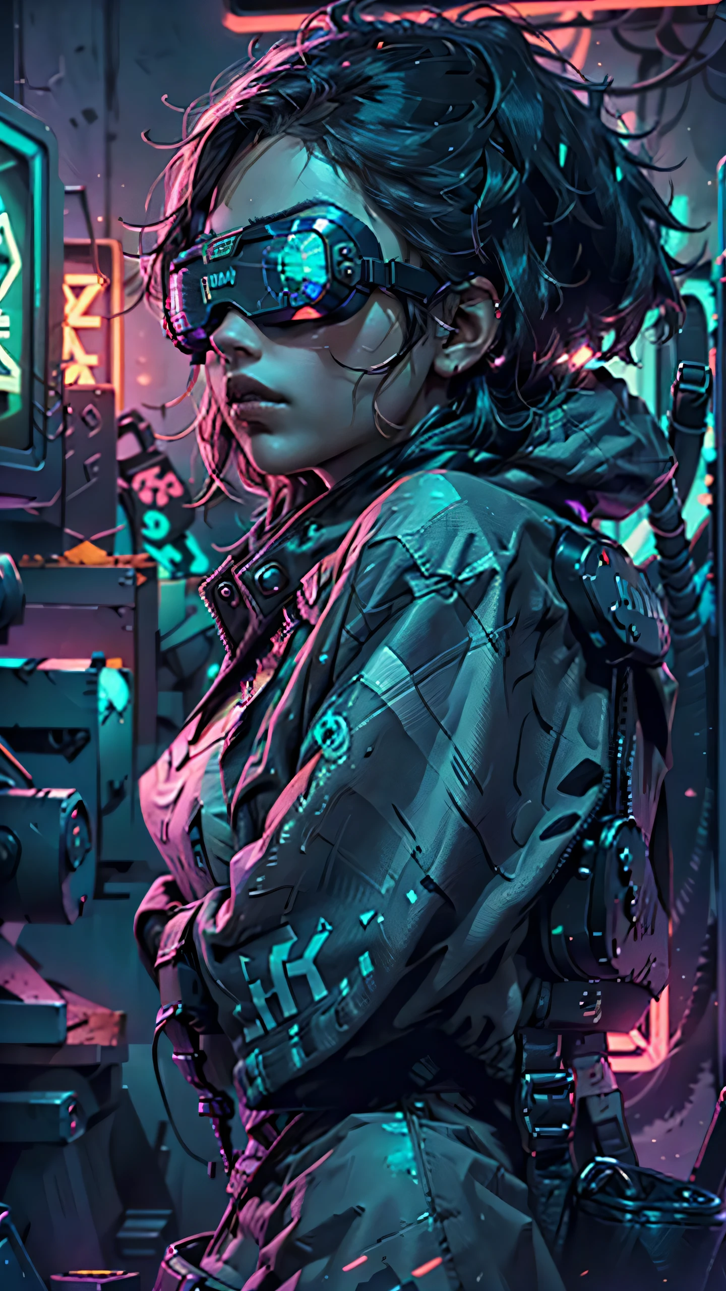 ((Best quality)), ((masterpiece)), (highly detailed:1.3), 3D,NeonNoir, beautiful cyberpunk woman,(wearing head-mounted display that is chunky and hi-tech:1.2),wearing a cape,hacking a computer terminal,PURPLE NEON LIGHT FROM MONITOR, GREEN NEON SIGNS ON THE WALL,