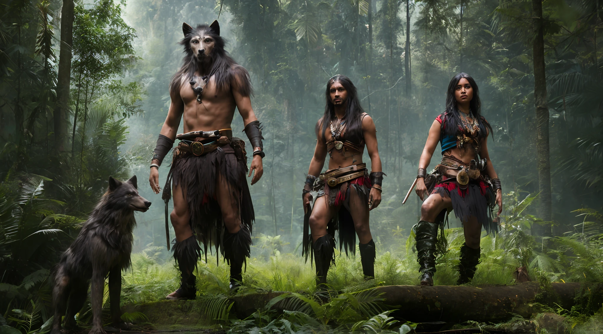 fking_scifi_v2, amazon forest, Indians, werewolf in indigenous costumes, late eighteenth century, realism, photo realism, 8k, 80mm, f/1.8