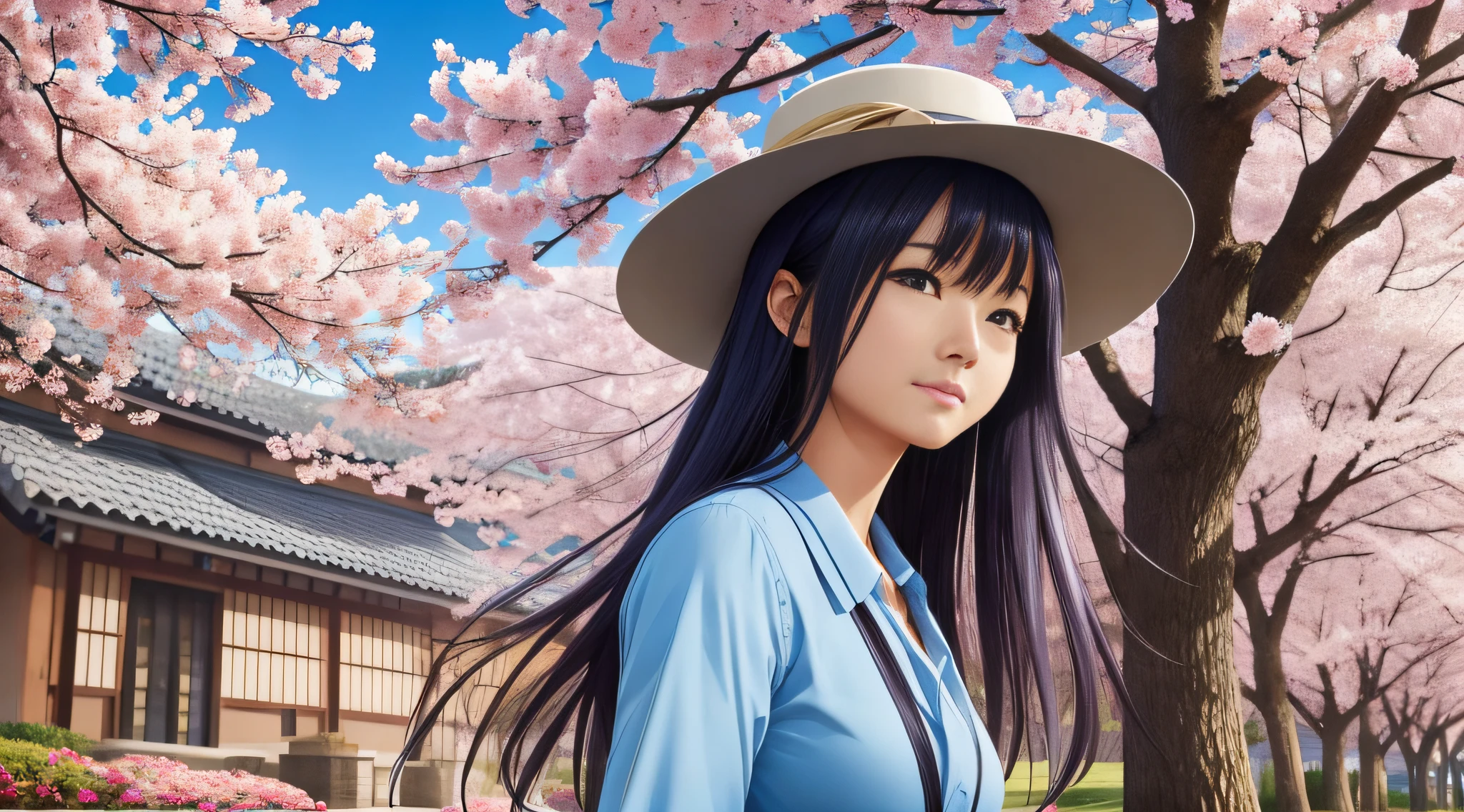 À la Fed image of a woman in a hat and blue shirt, magazine photo, full body, Chiho, Yasumoto Oka, Tsugumi Ohba, Omina Tachibana, Nozomi Takemura, Rei Iwakura, advertising image, close-up of Rei Iwakura, 笑顔, official artwork, cherry blossom tree,