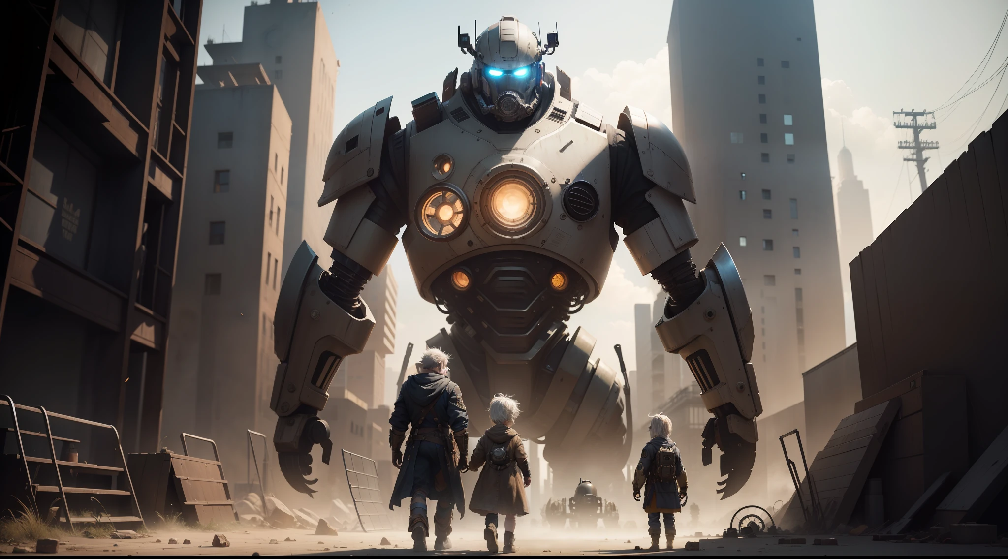 /imagine prompt: illustration of A white haired old man, half a machine and half a person standing in front of a child ,Half Man, Half Machine Old Man::15, A beautifu with long pig ears::10, Apocalypse::12, rule of thirds composition::10, up view::12, Unreal Engine::14, Cinematic light::10, Raking light::10, Dramatic::8, Cinematic::7, hyper quality::8, Robot factory::13, Steampunk::15 --seed 4294967295 --s 400 --q 2 --c 30