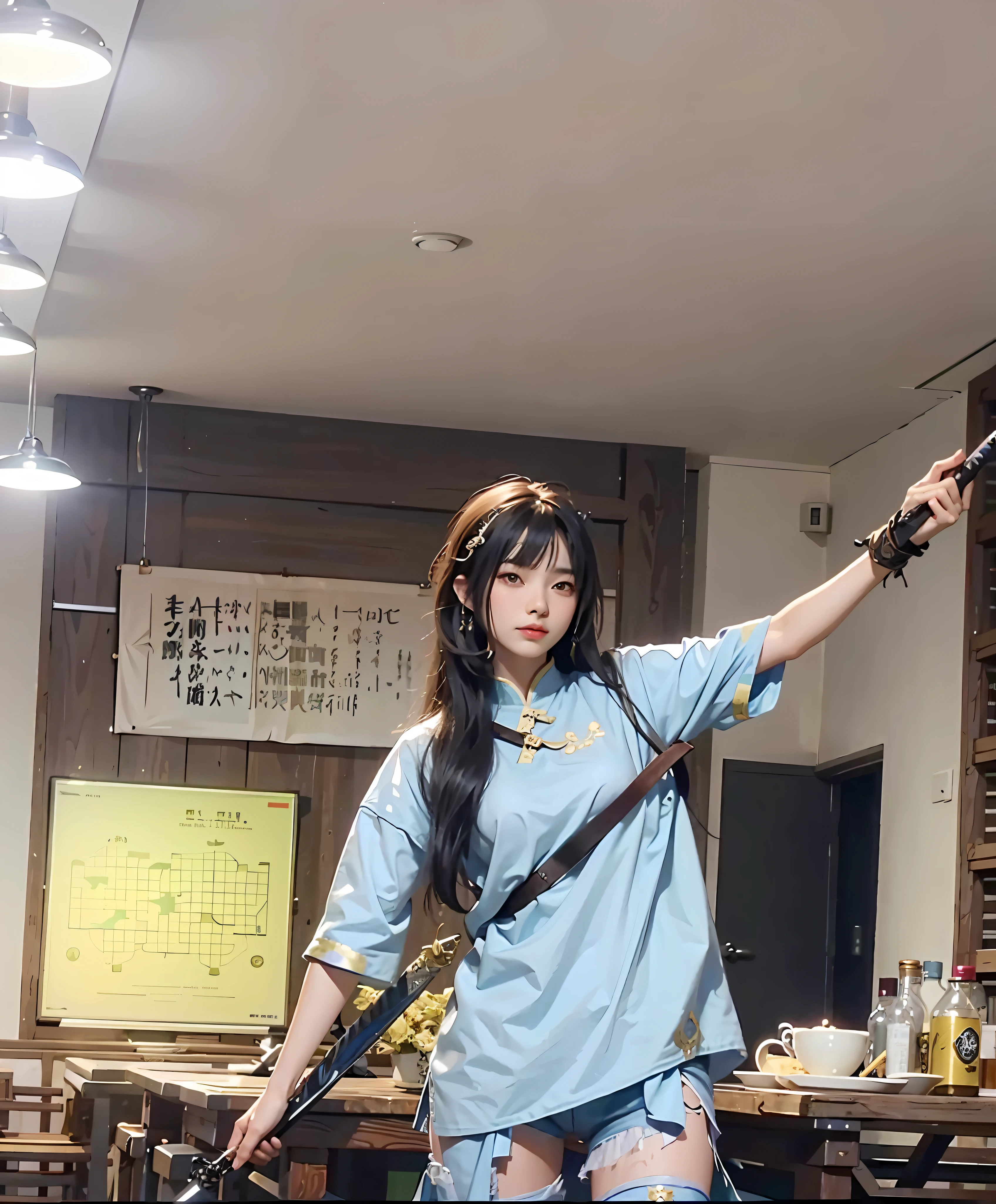 (Highest quality, highly detailed CG unity 8k wallpaper, majestic majesty), (best detailing, clear and vivid) A woman holding a long sword dances. She wielded her sword intent wantonly, blending spiritual fighting spirit and strength into it. She wielded another whip in her hand, and her figure was graceful, like a dance. Then, suddenly, she picked up a thick scabbard and began to practice assassination, enhancing the performance through two different performances by Pei Suqian and Ciyu. Finally, she picked up a long sword and showed her skills again. She also had a fish sword in her hand, a long sword handle, in the room, a metal sword body