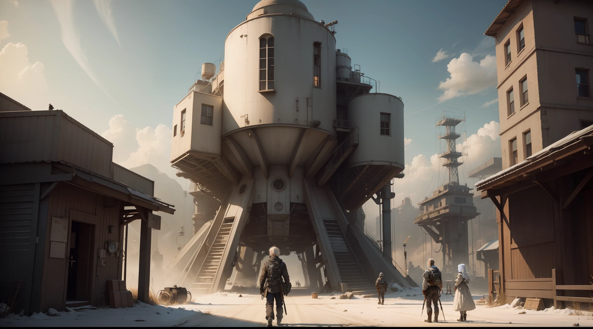 /imagine prompt: illustration of A white haired old man, half a machine and half a person standing in front of a ,Half Man, Half Machine Old Man::15, A beautiful littl with long pig ears::10, Apocalypse::12, rule of thirds composition::10, up view::12, Unreal Engine::14, Cinematic light::10, Raking light::10, Dramatic::8, Cinematic::7, hyper quality::8, Robot factory::13, Steampunk::15 --seed 4294967295 --s 400 --q 2 --c 30