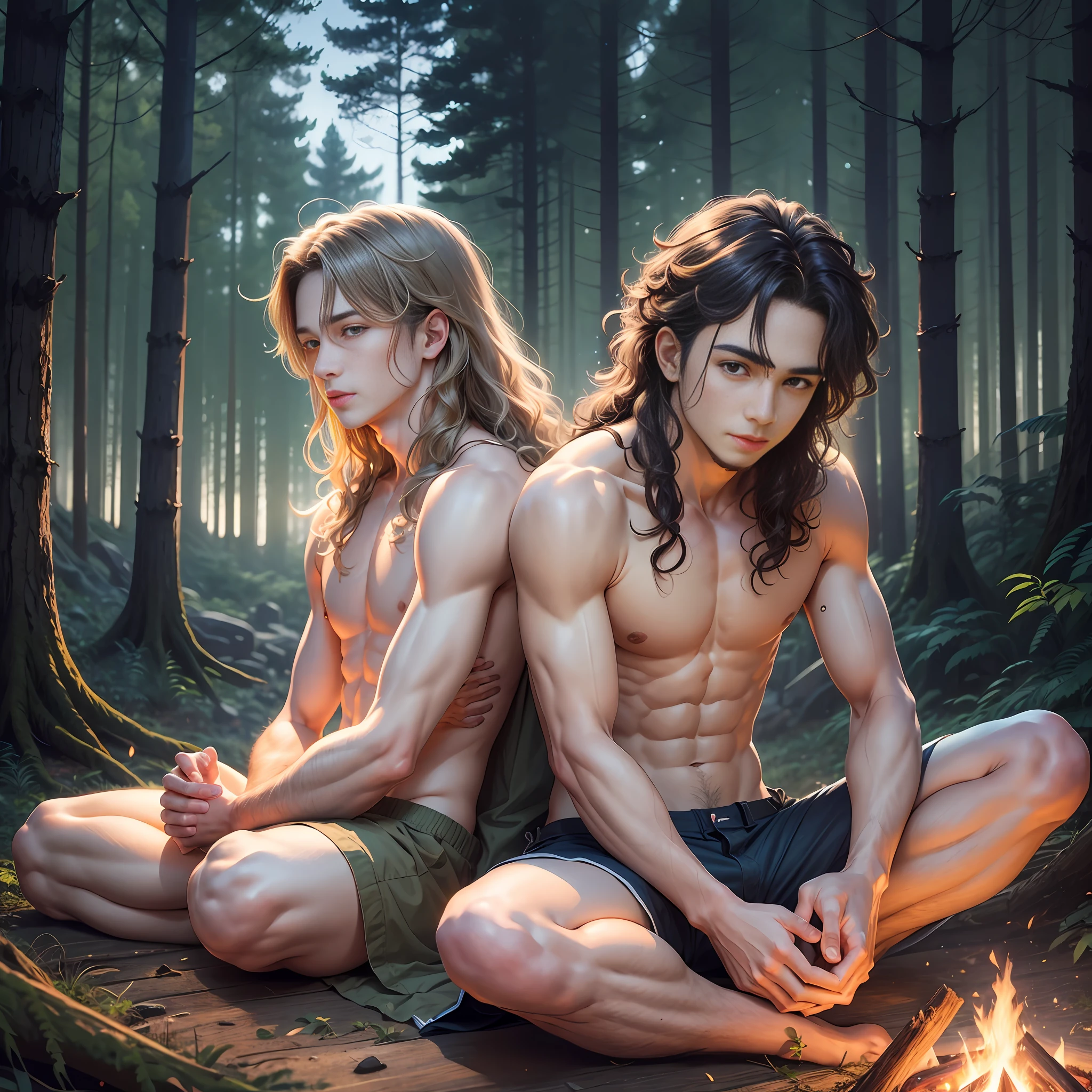 Two young men, with wavy hair, sitting in a forest, shirtless, night with starry sky and with a campfire, anime, realistic --auto --s2