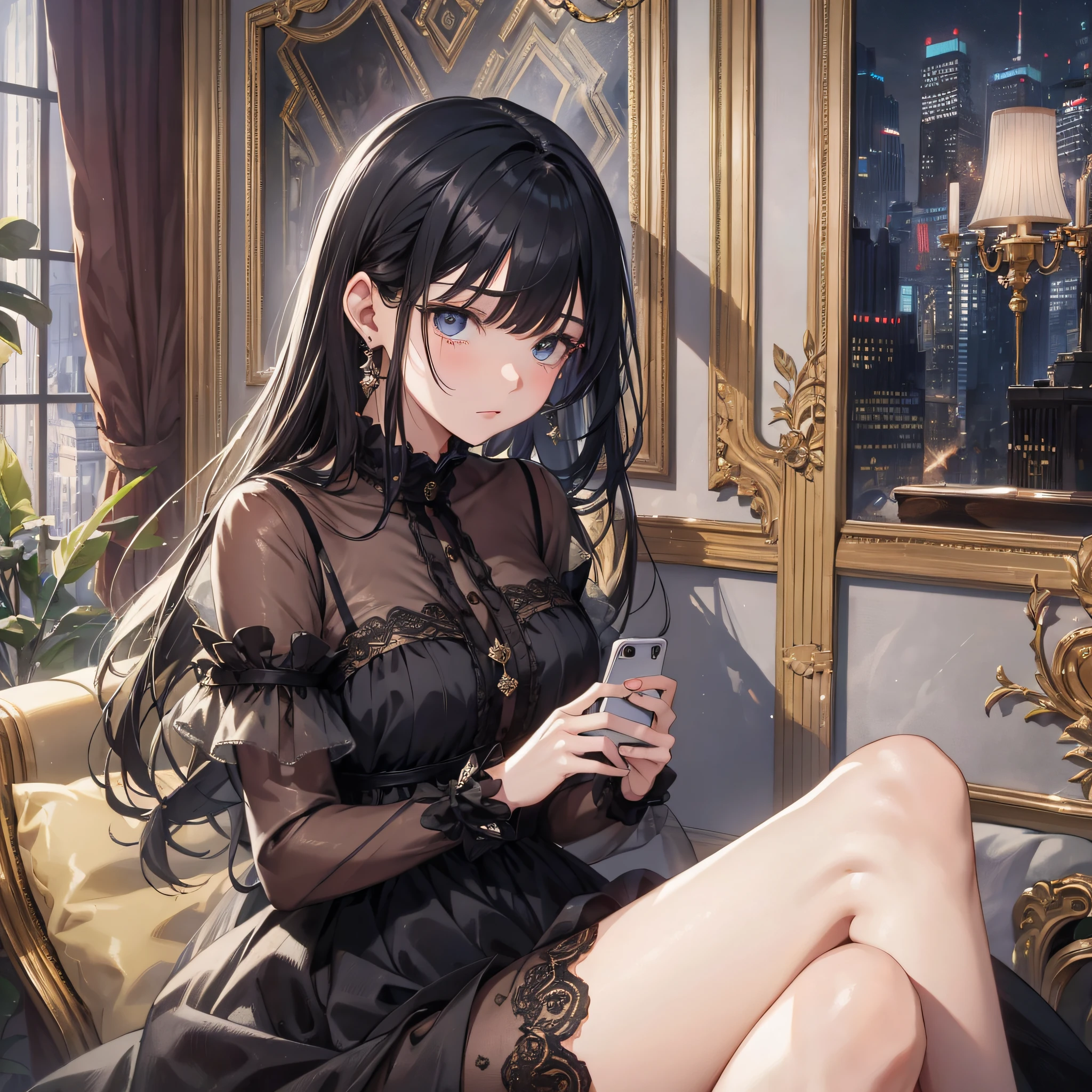 Absurd resolution, high resolution, (masterpiece: 1.4), hyperdetail, 1 young woman, rich princess, casual dress black haired young woman, melancholy expression, night, luxury apartment, facing the phone, crying