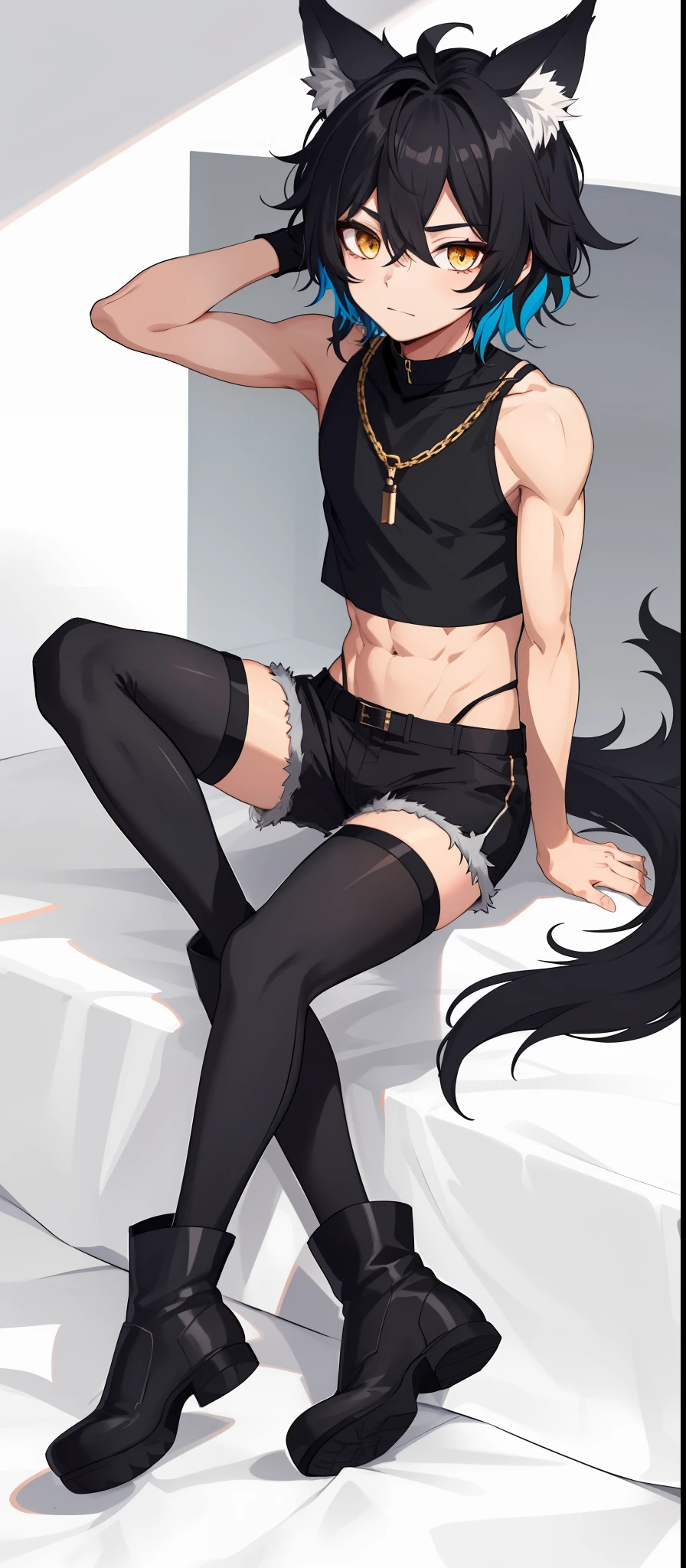 1boy, toned, sharp wolf ears, wolf tail, black messy hair, golden eyes, HD, masterpiece, vibrant, black boots, dead expression, thigh highs, booty shorts, crop top