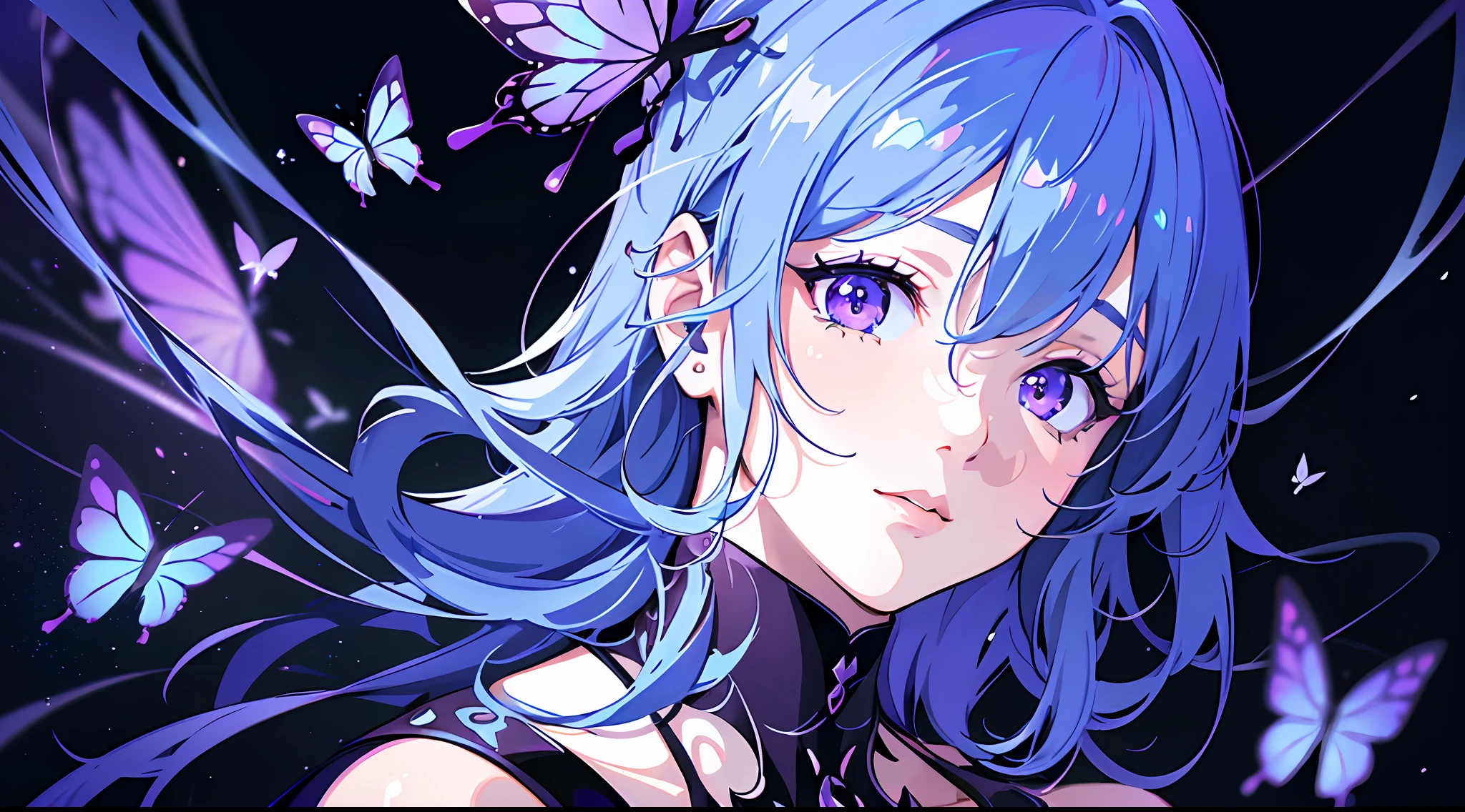 8k, 8k wallpapers, realistic details, highest resolution, (extremely delicate beauty: 1.1), (beautiful detailed eyes: 1.3), (best illustration: 1.1), (best quality: 1.3), (best shadow: 1.1), (movie lights: 1.2), (cyberpunk: 1.6), portrait, professional model, fairy, shock, source plan, pixiv wallpaper, gothic style, picture novel and creative, rich background, blue magic fluorescence, lavender, transparent butterfly, Sony telephoto shooting, master contrast, violet, effeminate, seductive, full body