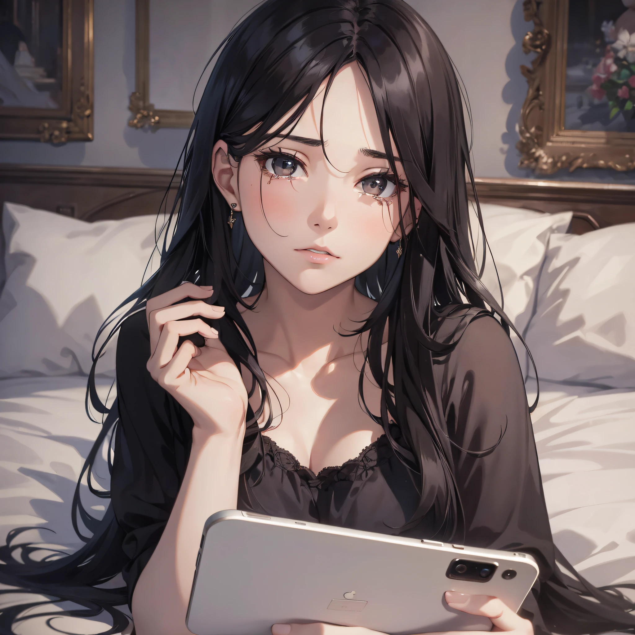 Absurd resolution, high resolution, (masterpiece: 1.4), hyperdetail, 1 young woman, rich princess, casual black haired young woman, melancholic expression, night, luxury apartment, bed, facing the phone, crying, decadent