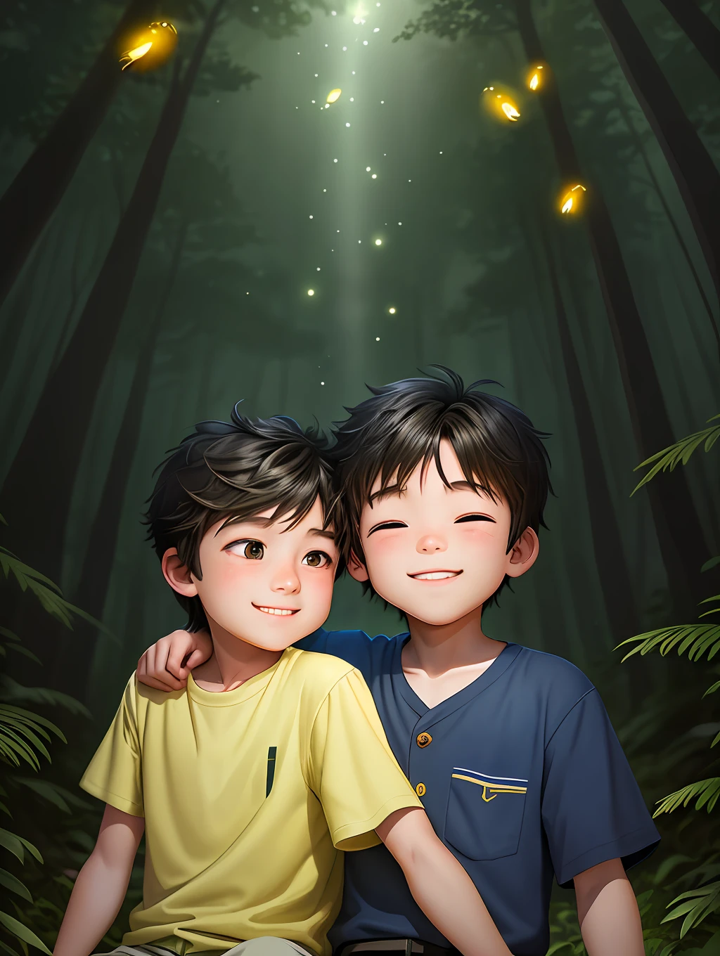 A handsome and adorable -year-boy cled with his five-year-olother a fot at night) bristled with fireflies, both with a sweet smile (cartoon style) high image quality and lighting.