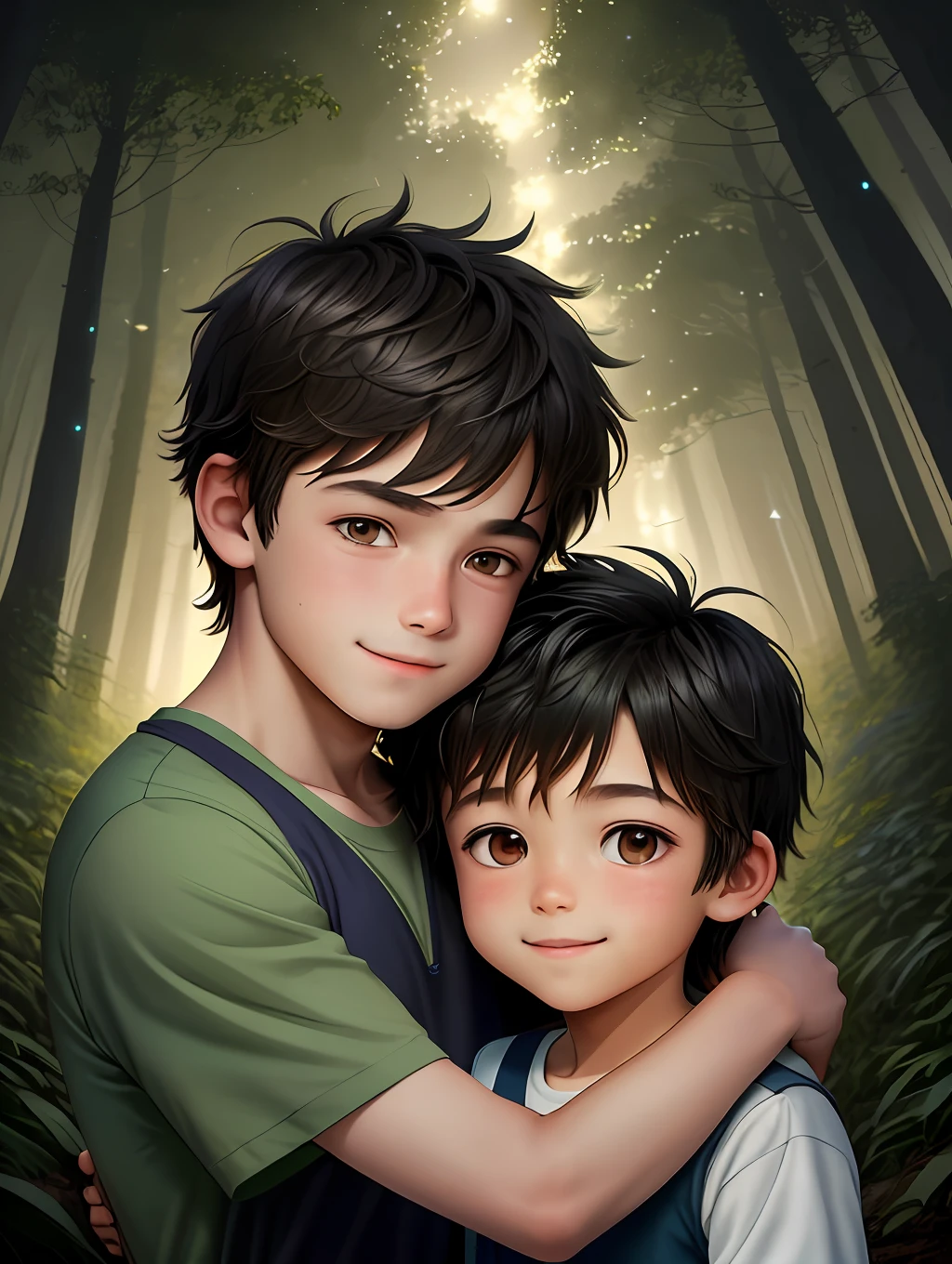 A handsome and adorable -year-boy cled with his five-year-olother a fot at night) bristled with fireflies, both with a sweet smile (cartoon style) high image quality and lighting.