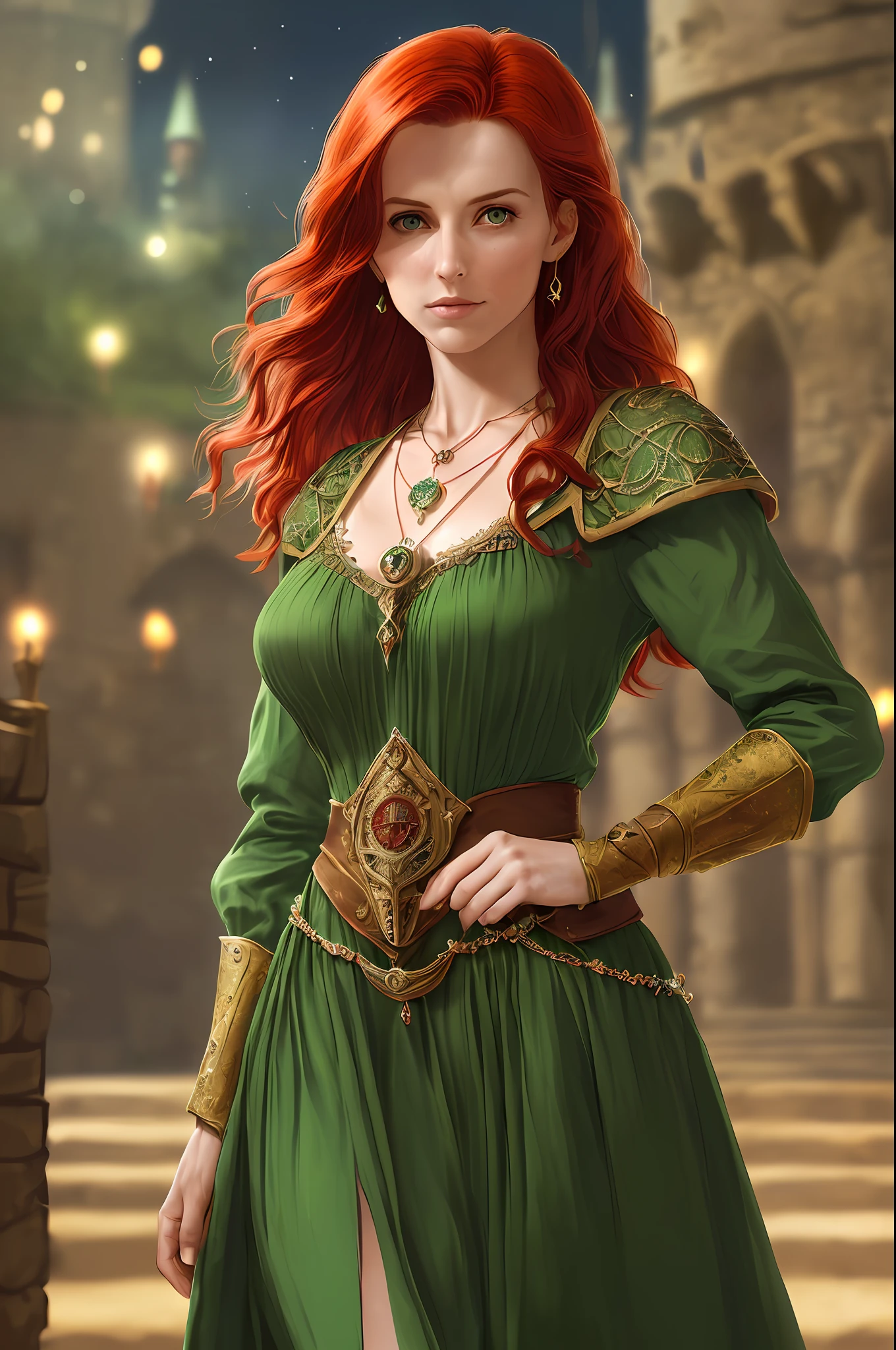 ((Triss Merigold)), 1girl, petit face, cute face, realistic, best illustration, realistic details, detailed, ((( 1 girl, pretty, solo focus, delicate, beautiful, slim, thin thigh, thigh gap, long hair, big breasts, décolleté, full body, red hair, jewelry, necklace, green intricate dress, circle, looking at the viewer, night, perspective, depth of field, blurred background, sharp focus, front, focus on face,  fantasy medieval castle)))