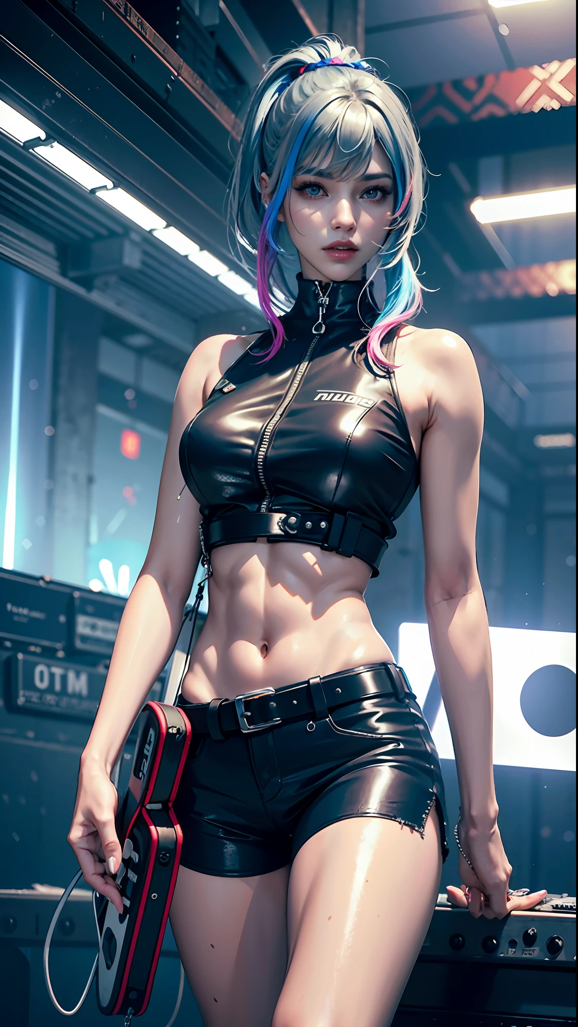 ((Best Quality)), ((Masterpiece)), (High Definition:1.3), 3D, Beautiful (Cyberpunk:1.3), Stylish woman looking at camera black leather clothes, sleeveless, with shorts, guitar, cowboy shot, guitar, guitarist, straight hair, blue-black leather pants, silver zipper, belt under the waist, Ultra fine illustration, colorful hair color, silver center zipper, leather blue-black bodysuit, shorts, blunt bangs, colorful colored ponytail, holding guitar, playing guitar, sleeveless