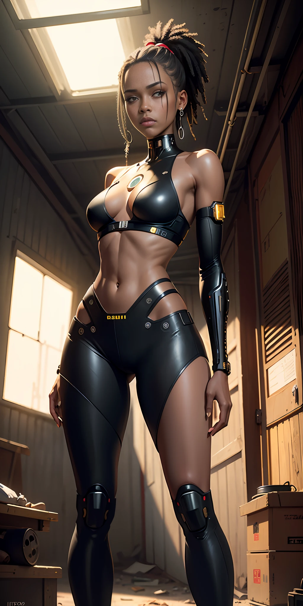 (Photorealist:1.3), sad eyes, ArtStation, (black woman with cyborg body, navel, groin, symmetrical eyes), proportional body, rim light, from_side, long skirt, in an abandoned shed, cyberpunk, golden ratio, 4k, digital painting
