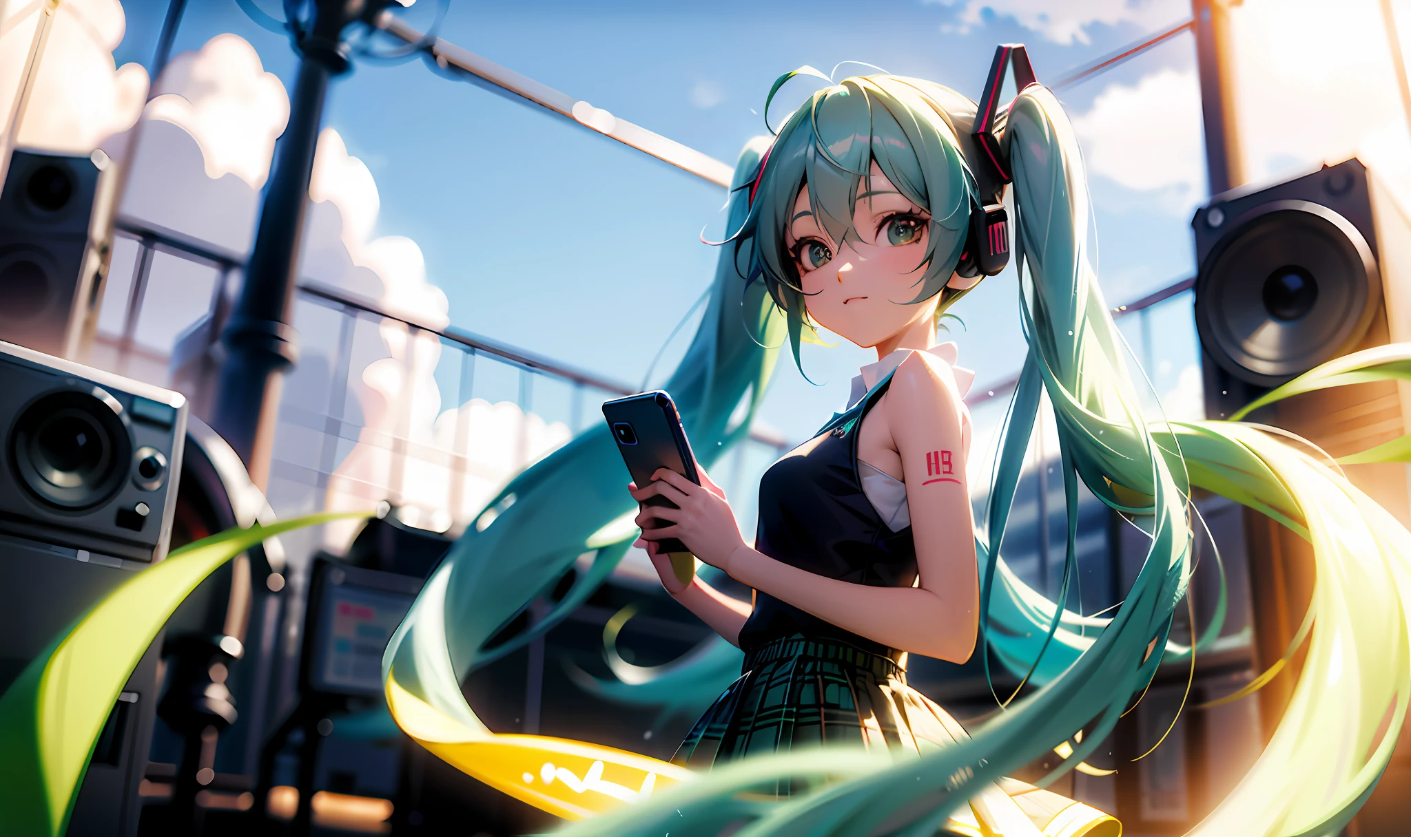 anime girl with long green hair holding a cell phone, portrait of hatsune miku, anime style mixed with fujifilm, mikudayo, anime style 4 k, render of a cute 3d anime girl, hatsune miku portrait, hatsune miku, realistic anime 3 d style, anime styled 3d, perfect android girl, young anime girl, photorealistic anime girl render