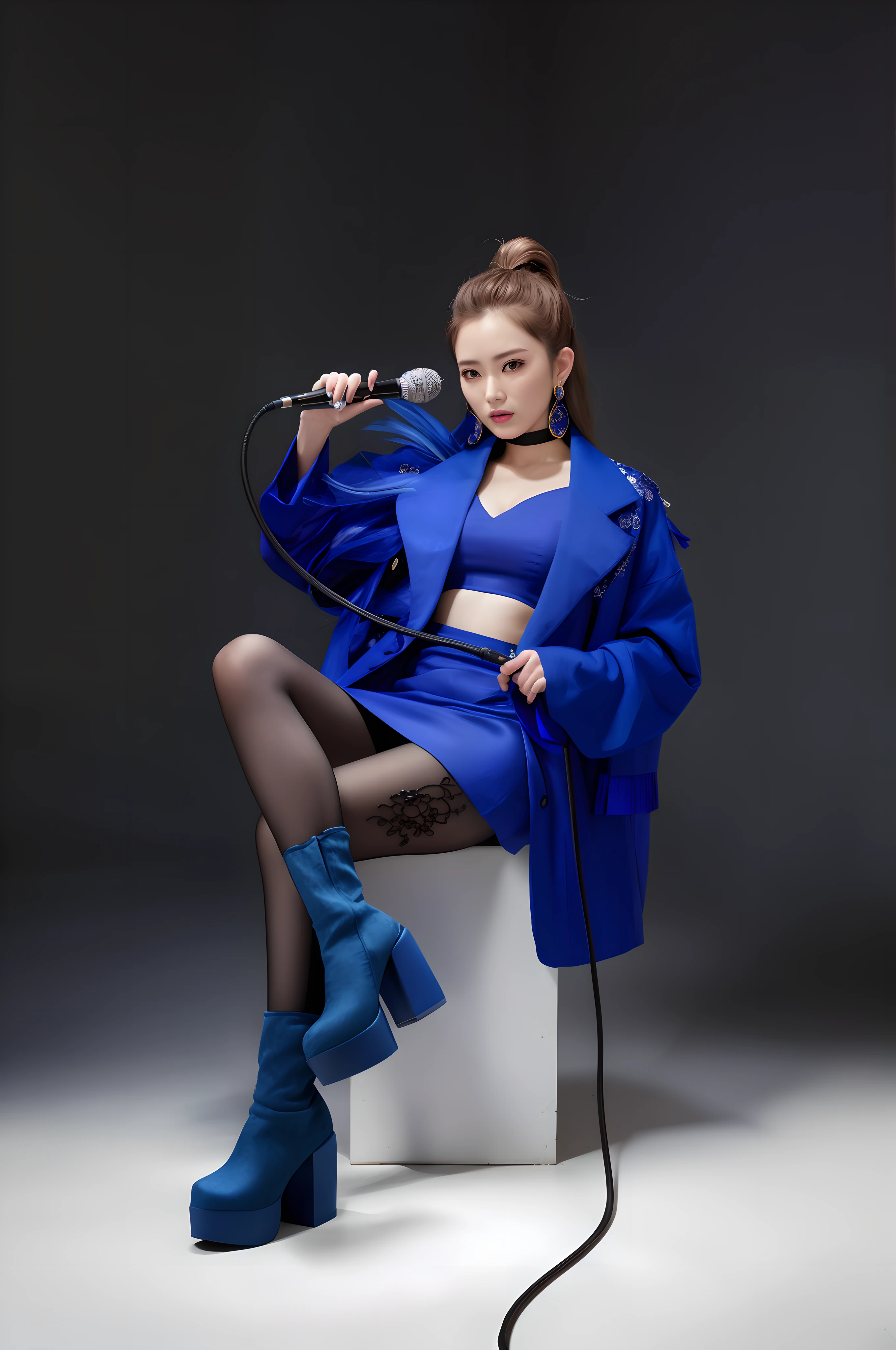 arafed woman in blue dress sitting on a stool with a microphone, high - end fashion photoshoot,photoreal,hyperrealism, wearing blue jacket, blue clothes, wearing a blue jacket, fashion shoot 8k, blue outfit, in a blue qipao, full body xianxia, korean women's fashion model, blue jacket, wearing jacket and skirt, photoshoot,
