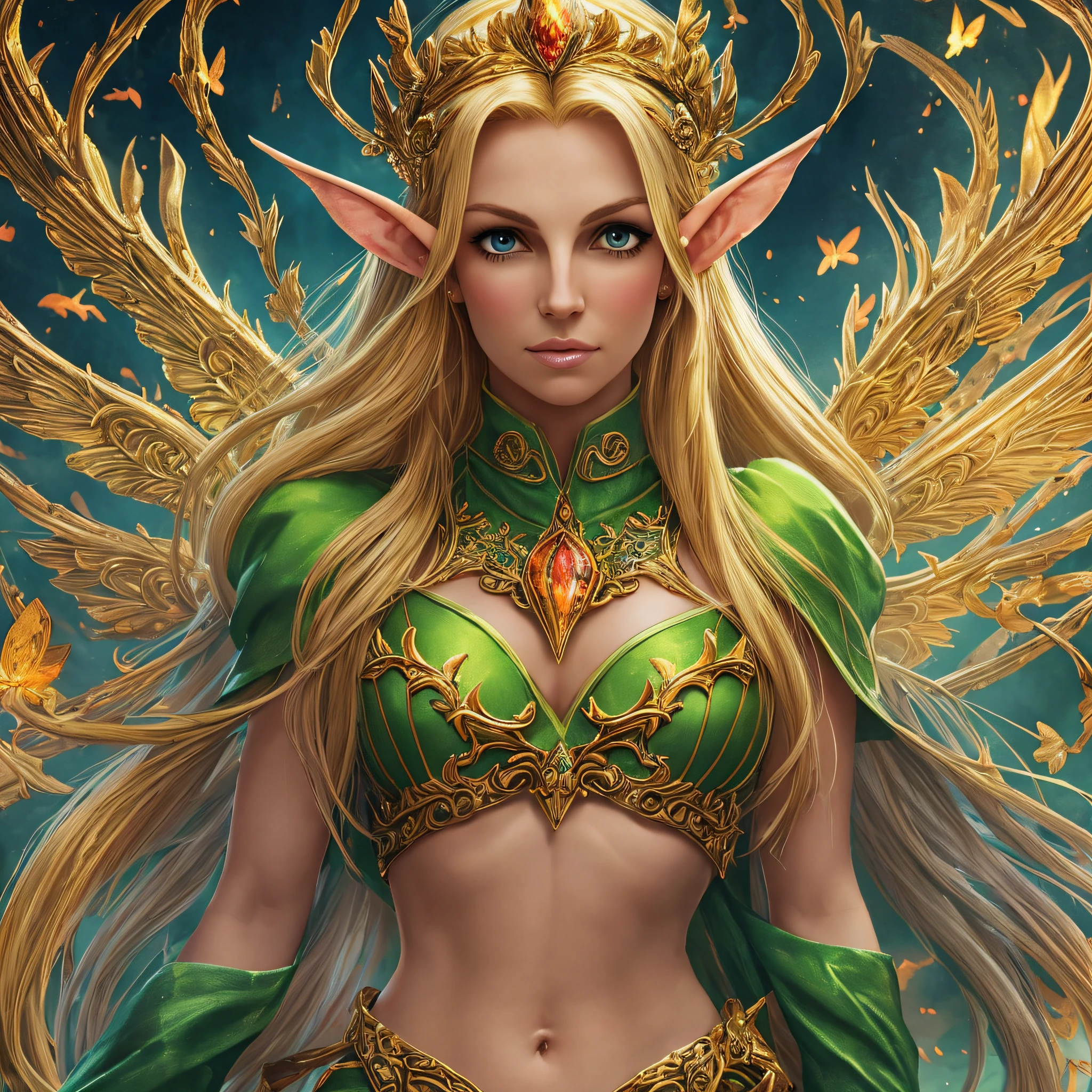 Britney Spears with long blonde hair and a green top is posing, the fire butterfly goddess, appears as the fire goddess, hot fire goddess, with fiery golden wings, fantasy art style, elf priestess, epic fantasy art style, blonde elven empress, fae priestess, fantasy woman, fantasy style art, the fire queen,  an elf queen (masterpiece) (perfect aspect ratio)(realistic photo)(best quality) (detailed) photographed on a Canon EOS R5, 50mm lens, F/2.8, HDR, (8k) (wallpaper) (cinematic lighting) (dramatic lighting) (sharp focus) (intricate) --auto --s2