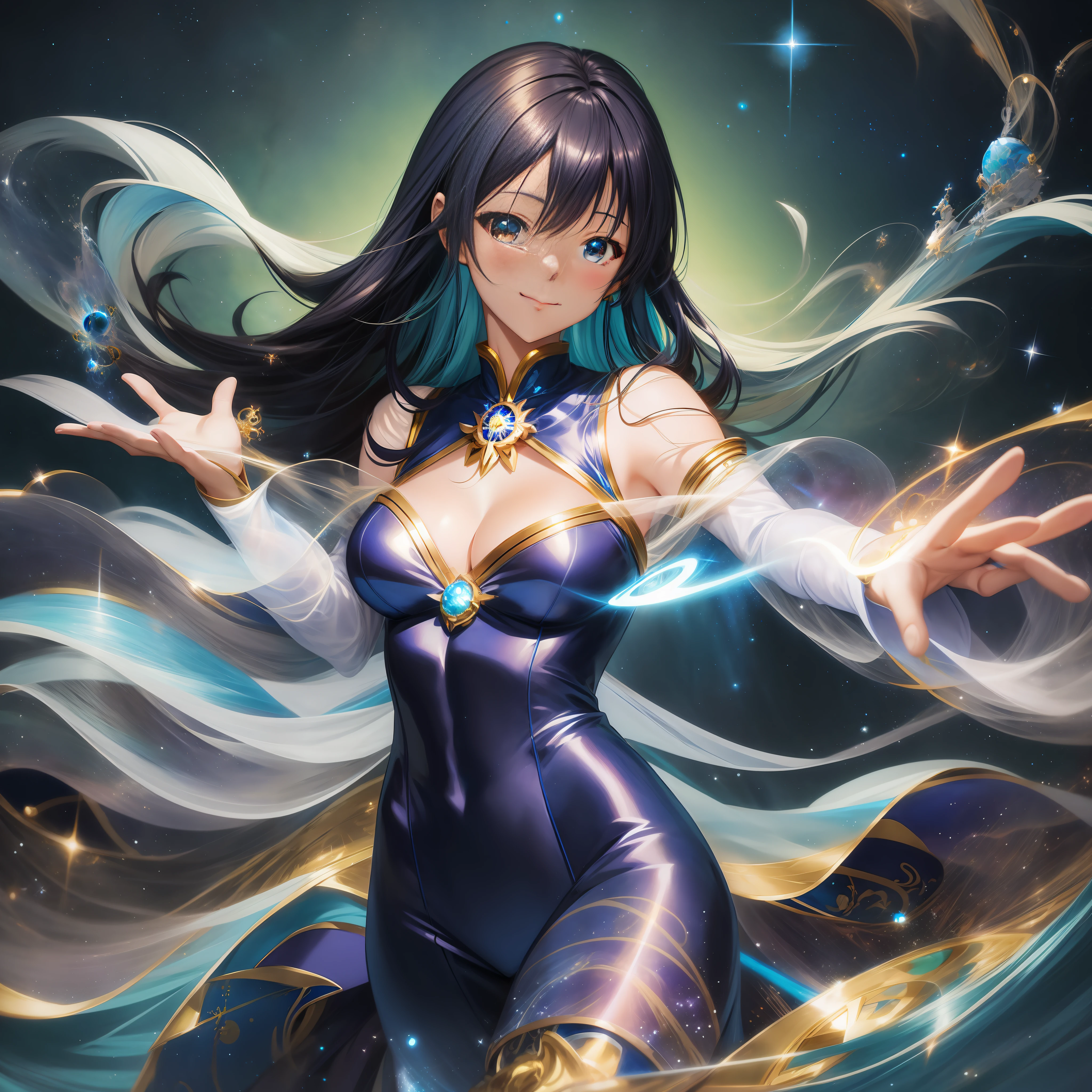 anime girl in a blue and gold outfit with a glowing orb, portrait knights of zodiac girl, beautiful celestial mage, extremely detailed artgerm, ayaka genshin impact, official artwork, high detailed official artwork, artgerm on artstation pixiv, artgerm. anime illustration, marin kitagawa fanart, goddess of galaxies, detailed digital anime art
