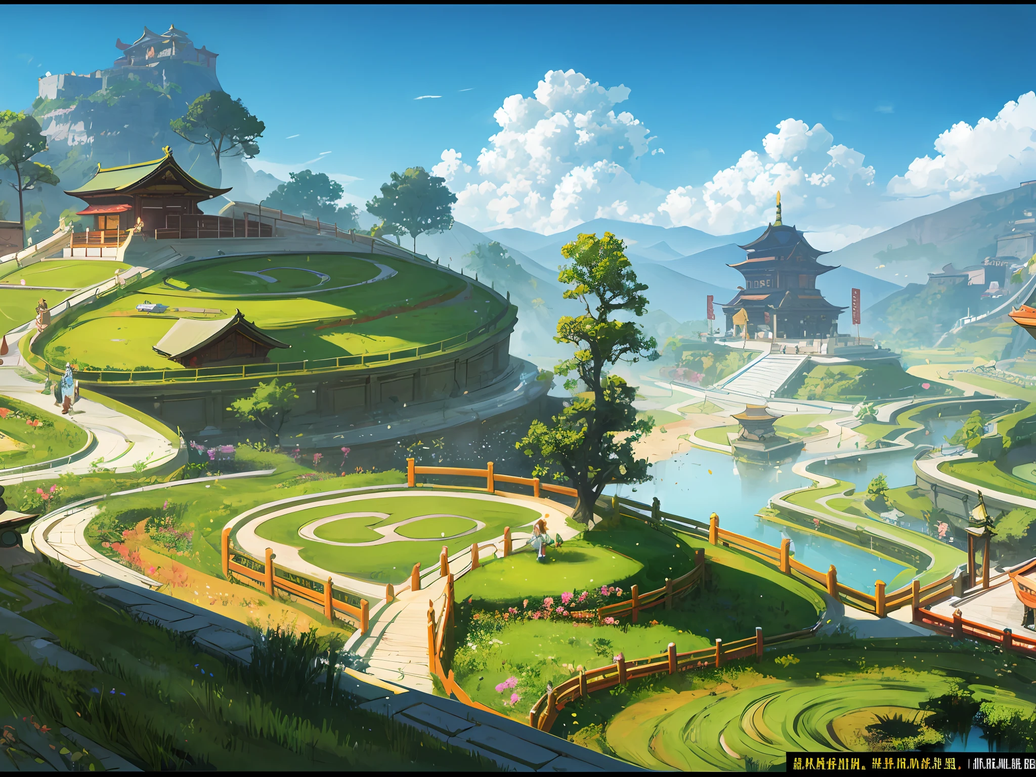Chinese-style terraces, yellow and green, uphill, with ditches, paths, ponds, master quality. Hd. --auto --s2