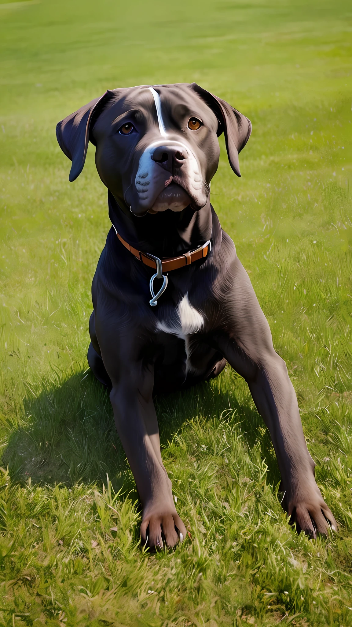 Dog pitbull is brave muscular on grass, masterpiece, 8k, high resolution, higher texture, --v6