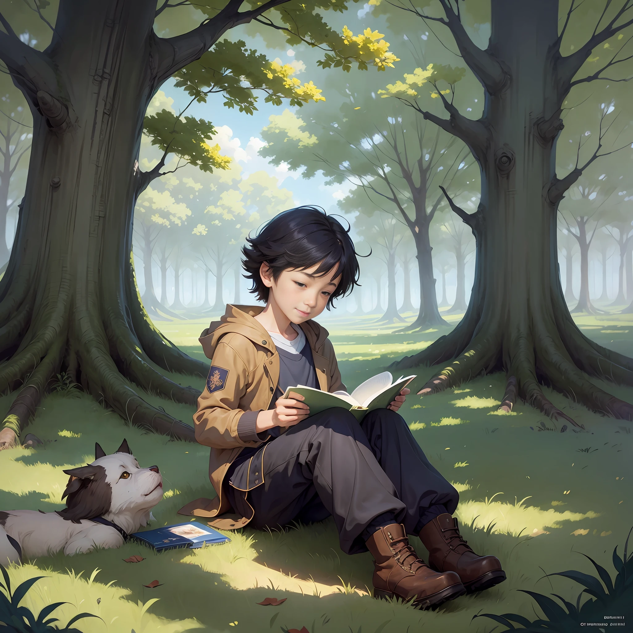 A happy 6-year-old boy reading a book with atom on the cover under a tree, simple art inspired by the visual style of the ghibli studio, baroque oil painting anime key visual full-body portrait concept art, grimdark brutalist fantasy, kuudere noble dictator, pixiv trend fan box, rule of thirds golden ratio,  by Greg Rutkowski Wlop Makoto Shinkai Takashi Takeuchi Studio Ghibli Jamie Wyeth --auto --s2